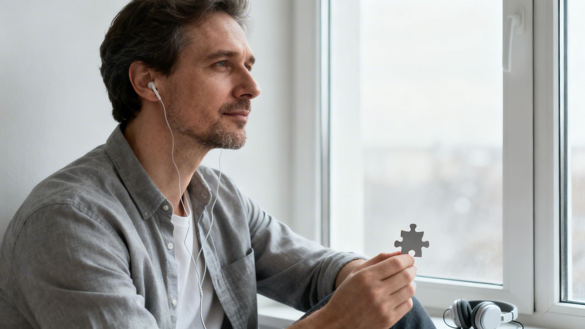 A thoughtful man wearing earbuds holds a puzzle piece while looking out a window.