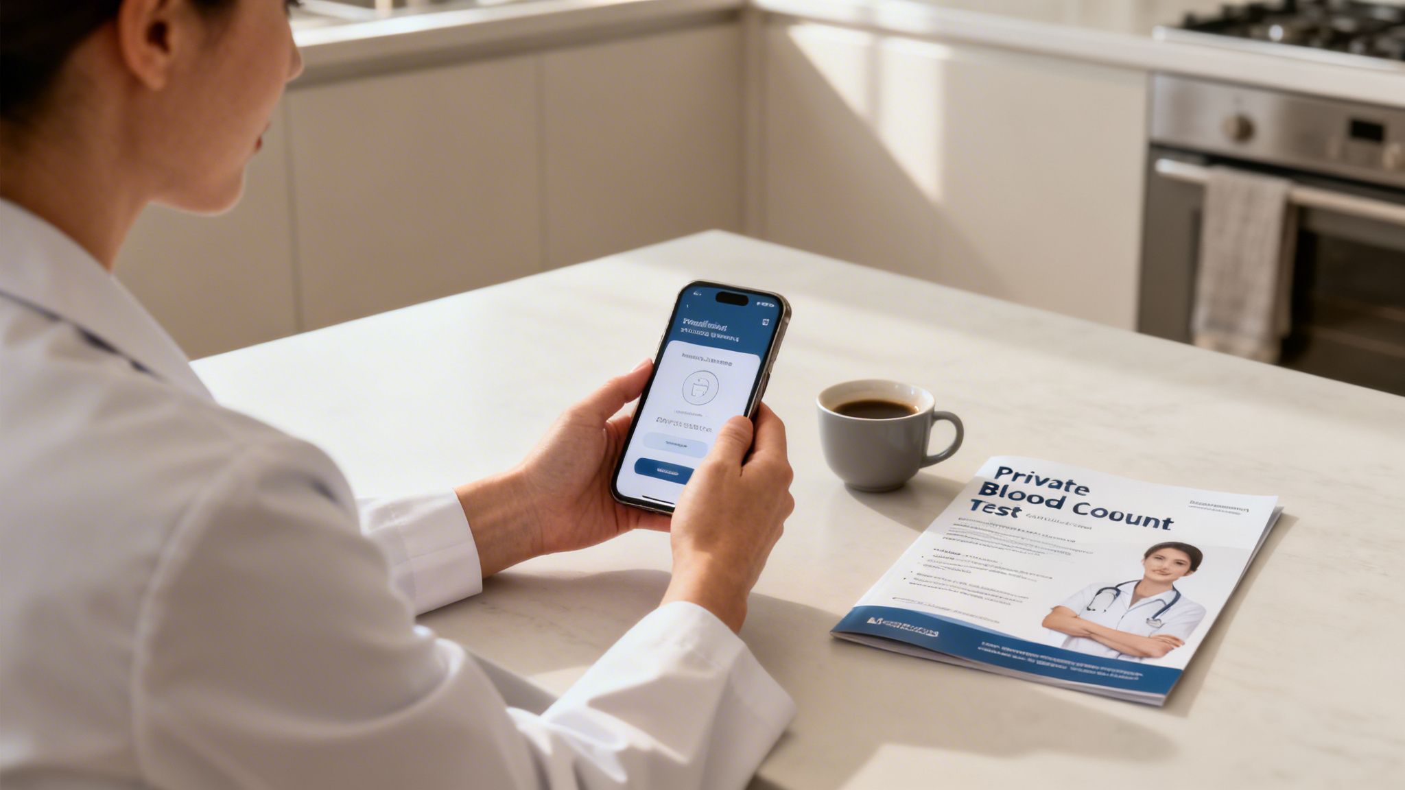Medical professional in white coat uses a smartphone, next to a 'Private Blood Count Test' brochure.