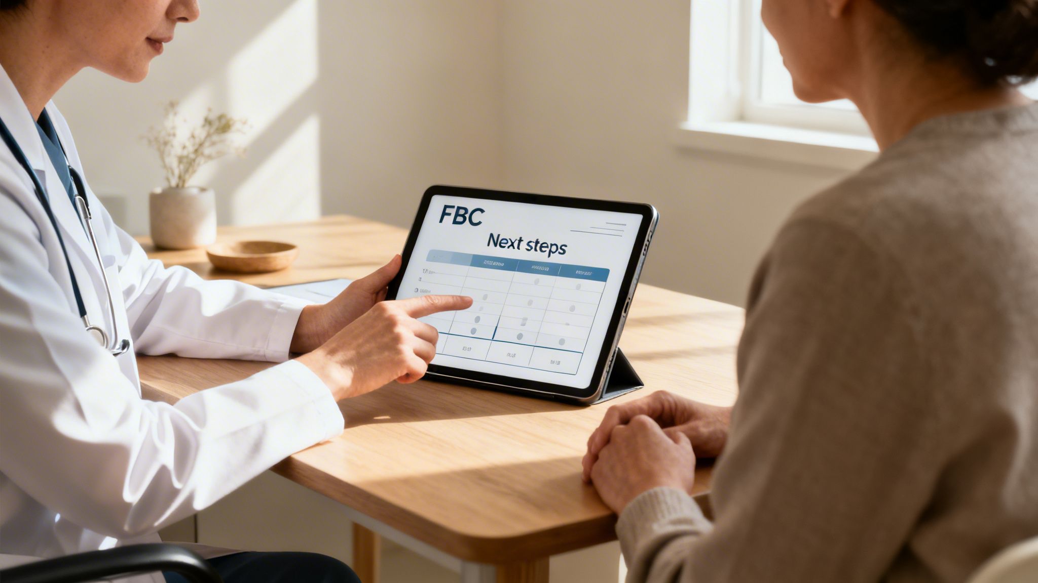 Doctor explaining a medical plan on a tablet to a patient during a consultation.