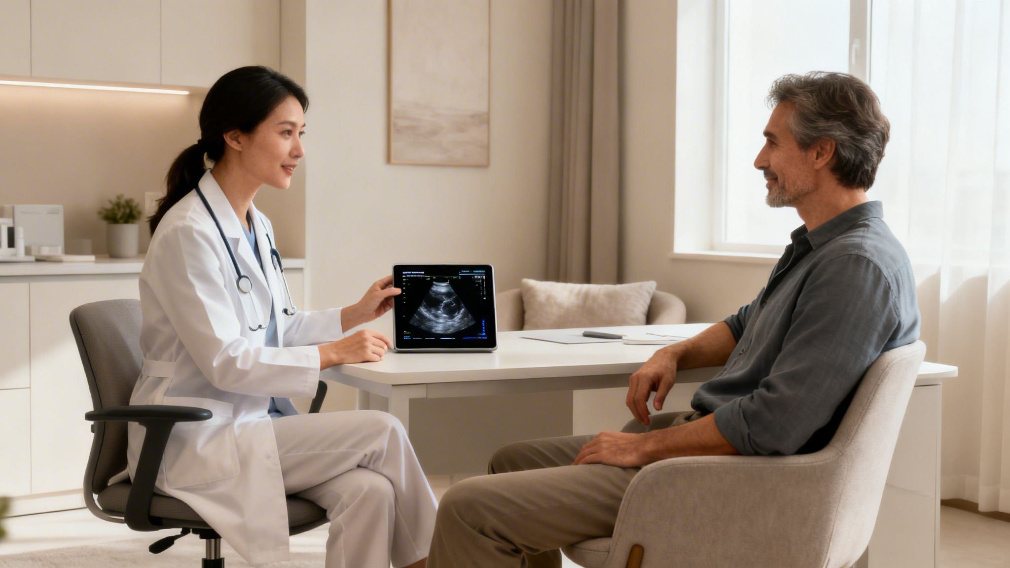 A female doctor shows a heart echo scan on a tablet to a male patient in a clinic.