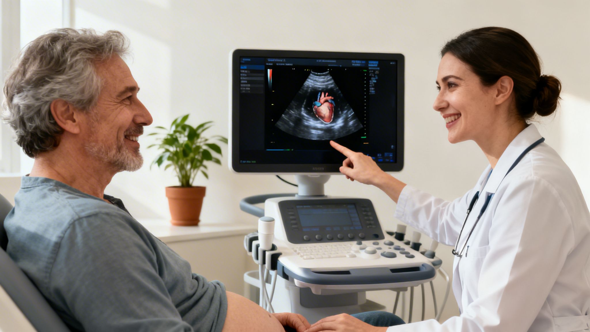 A smiling female doctor points to a heart ultrasound on a monitor for a happy male patient.