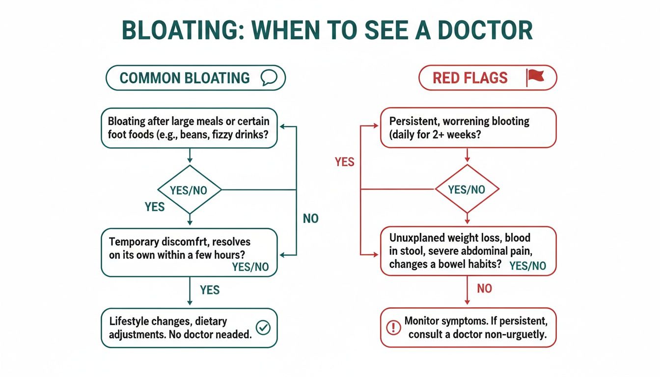 Flowchart guiding when to see a doctor for bloating, distinguishing common causes from red flags.