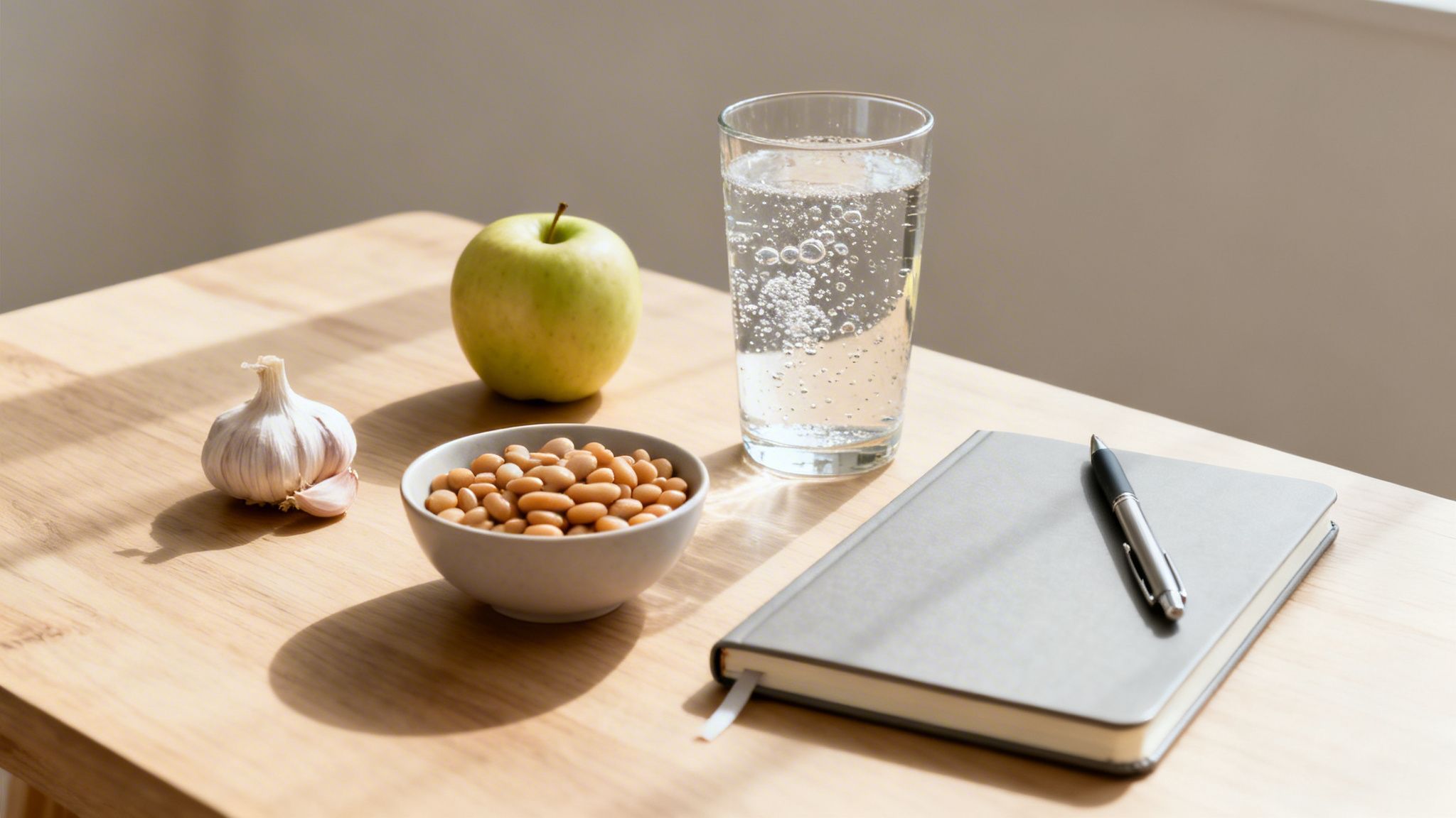 Healthy items on a wooden table: garlic, beans, green apple, sparkling water, notebook, and pen.