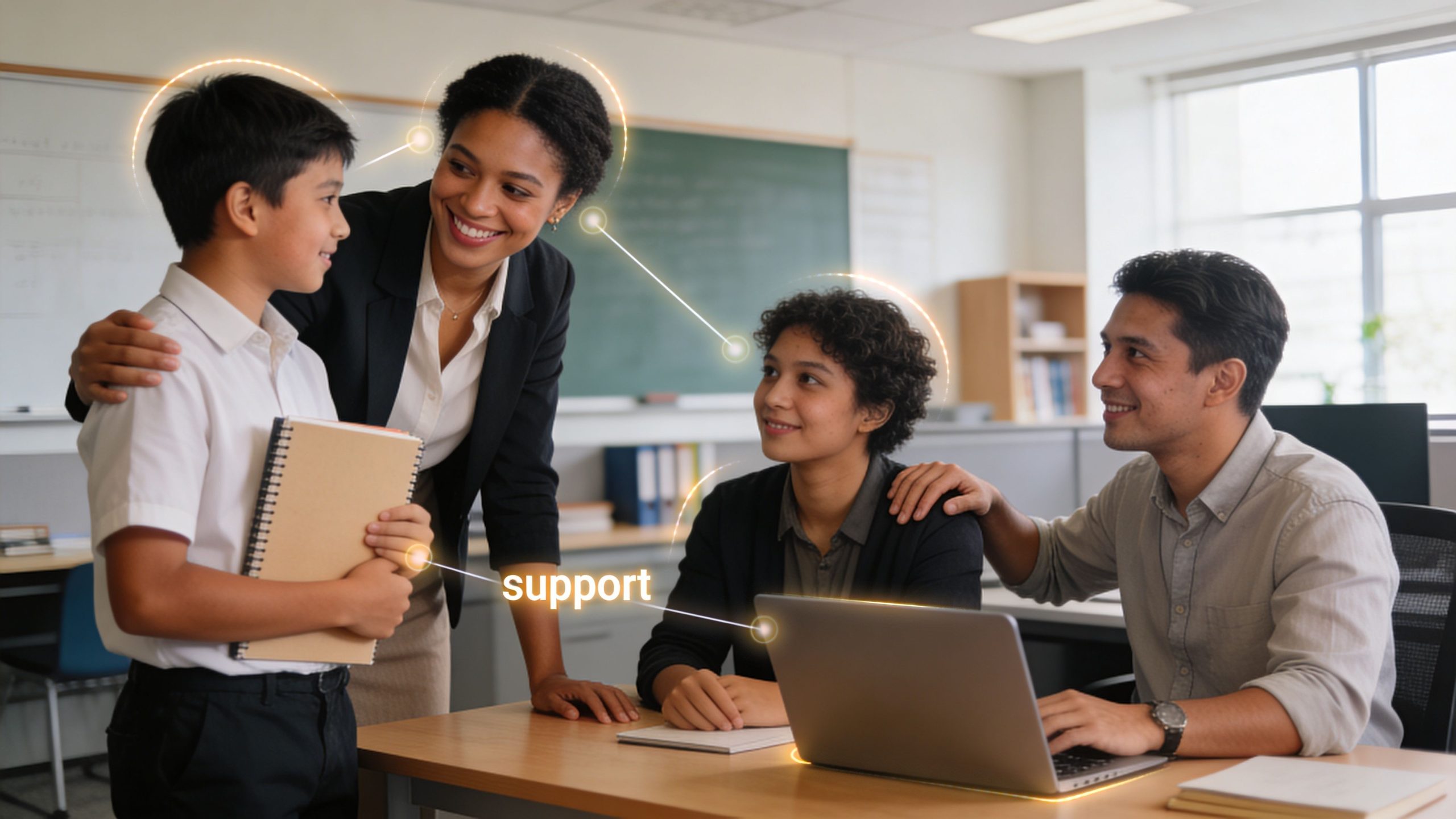 A supportive teacher and parents guiding a young student in a classroom setting with digital icons.