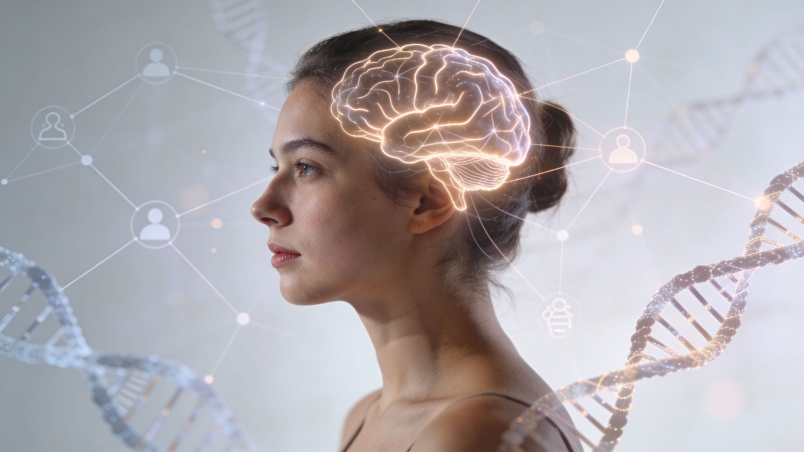 A woman in profile view with a glowing digital brain and DNA strands illustrating neuroscience and genetics.