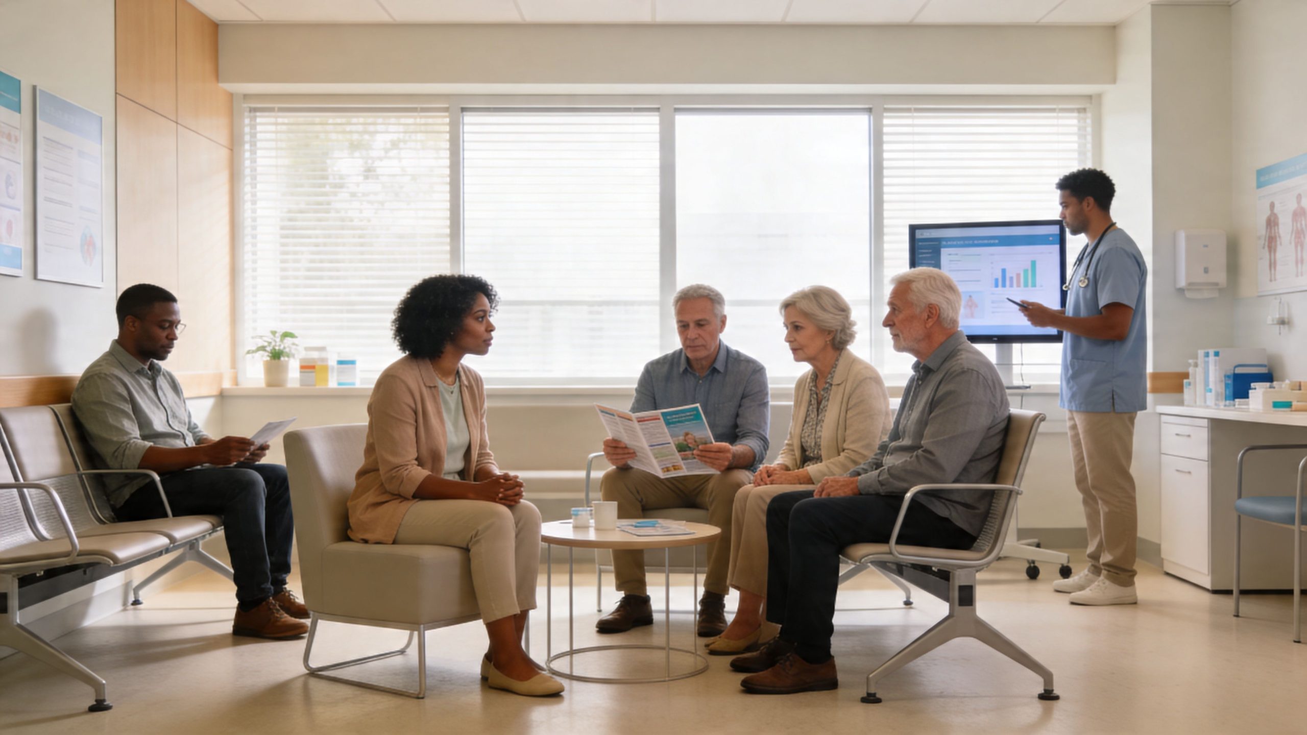 A diverse group of patients waiting in a modern medical clinic with a nurse reviewing health data.