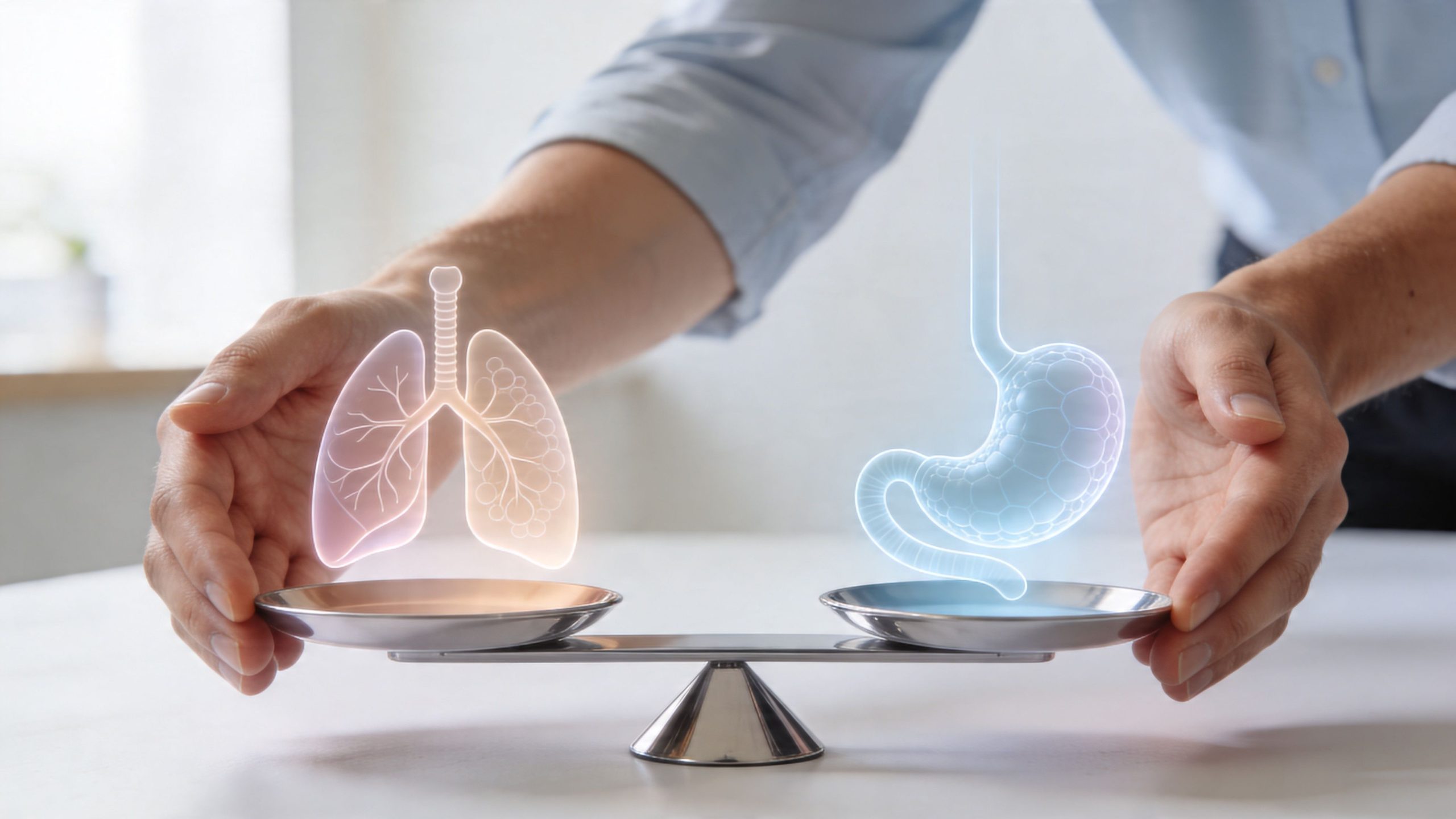 A person balancing glowing holographic images of human lungs and a stomach on a small metal scale.
