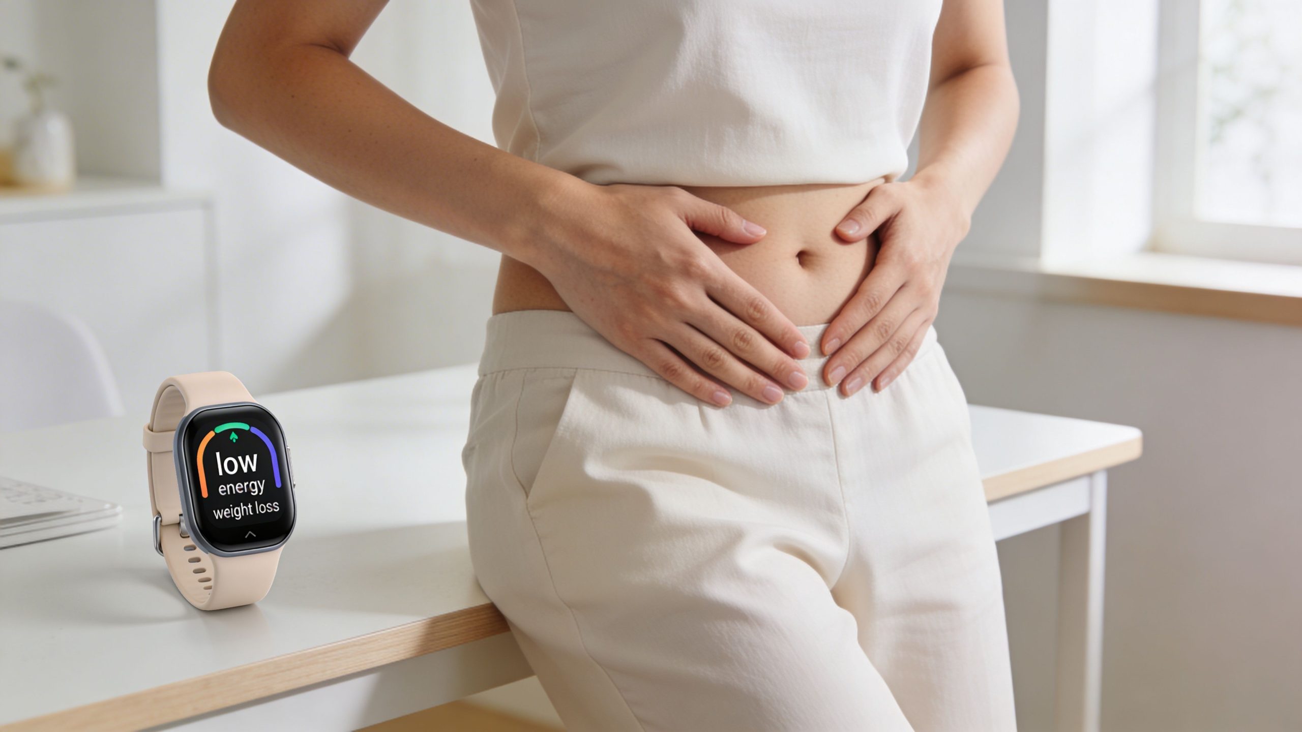 A person holding their stomach near a smartwatch displaying low energy and weight loss indicators.