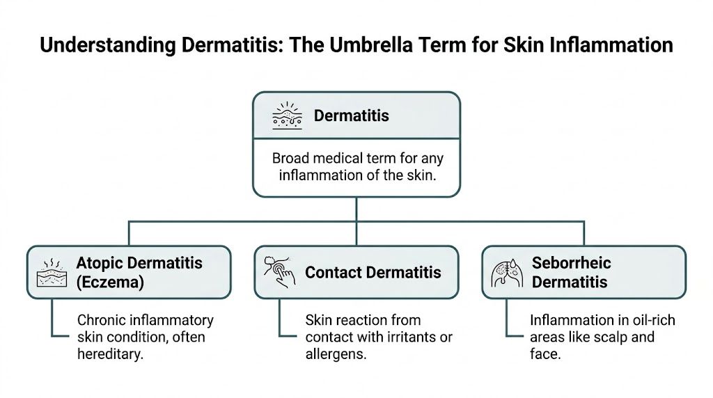 A flow chart illustrating dermatitis as an umbrella term for skin inflammation, including atopic, contact, and seborrheic dermatitis.