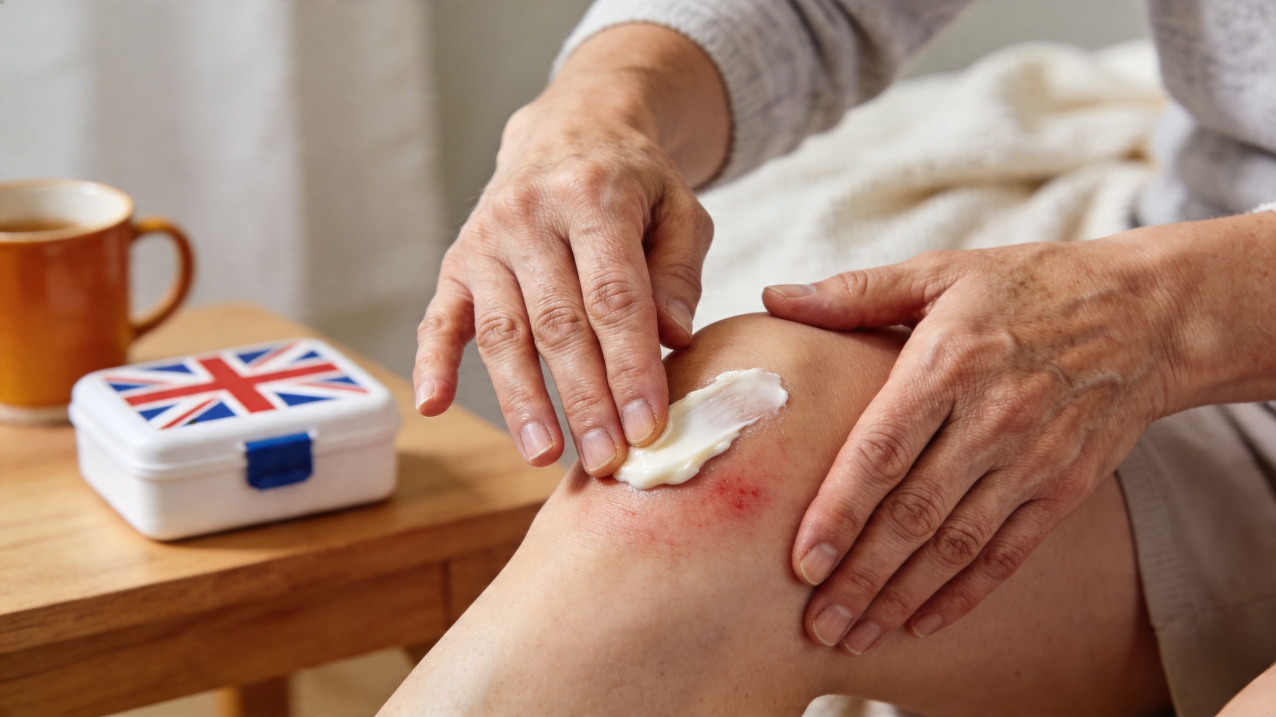 An elderly person applying medicated cream to red, irritated skin on their knee for relief.