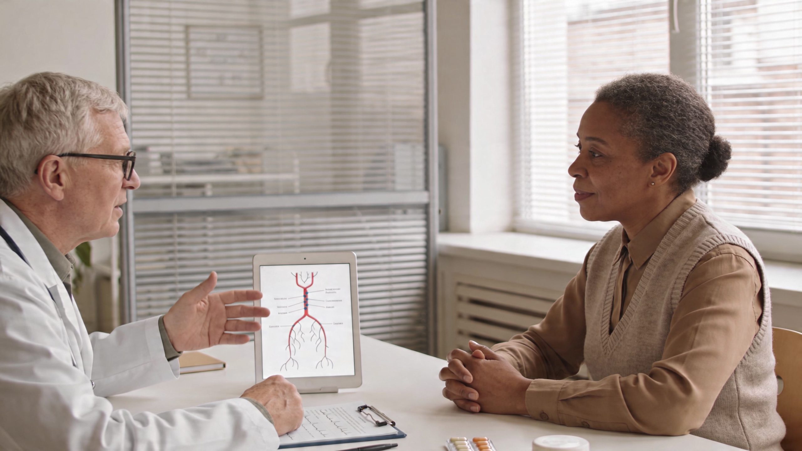 A doctor explaining an anatomical diagram of the aorta to a female patient in his office.