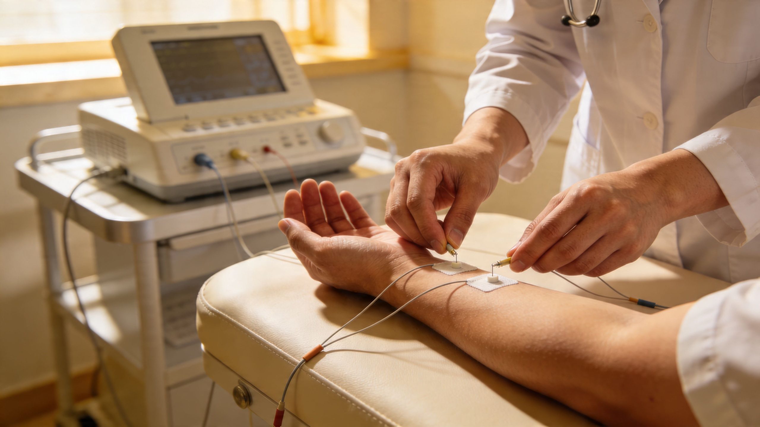 A healthcare professional conducting a nerve conduction study test on a patient's forearm in a clinic setting.