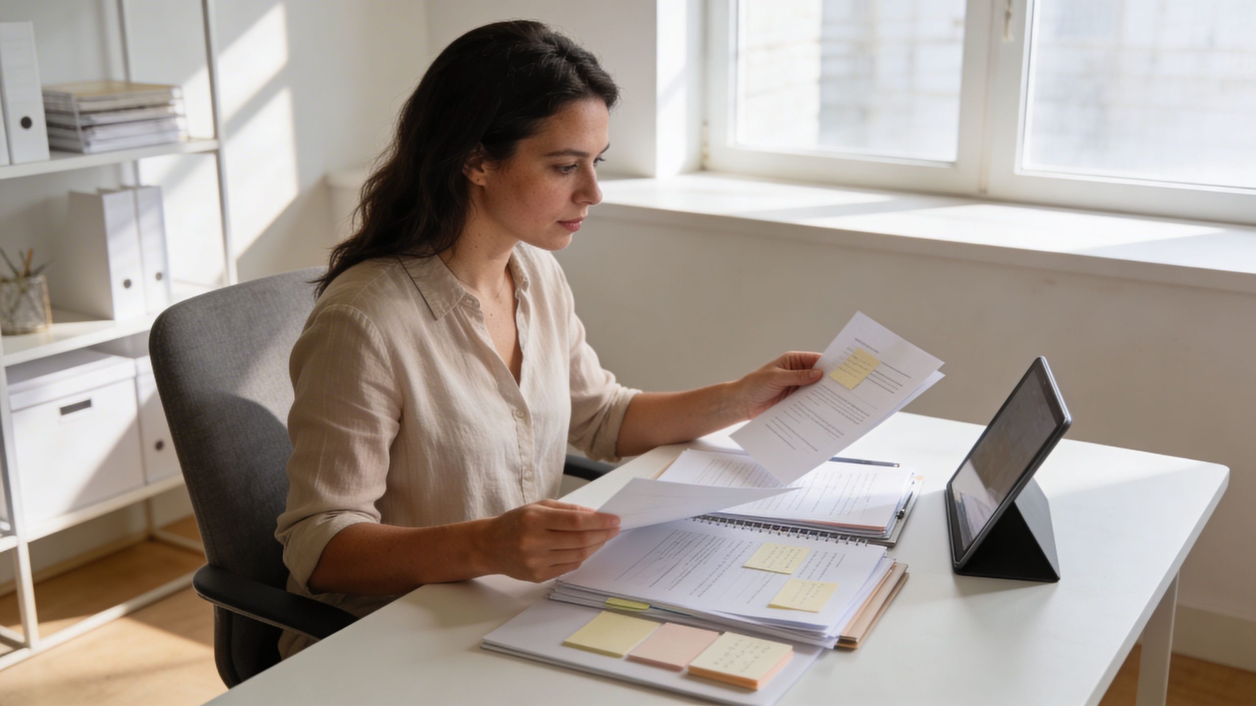 A woman working at a desk reviewing documents and reading notes while using a tablet computer.