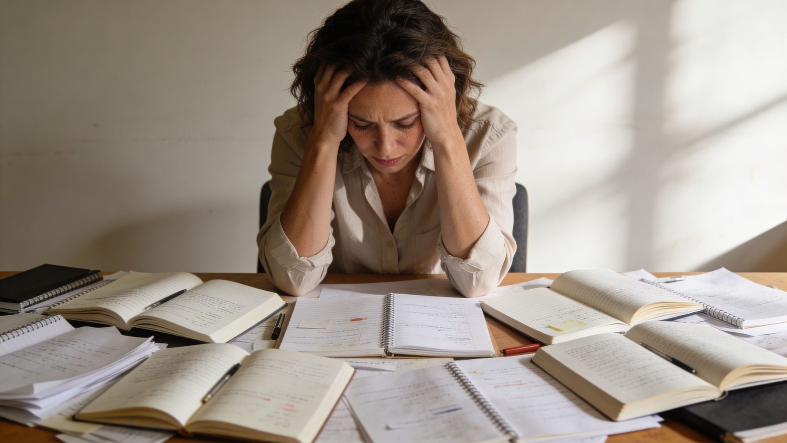 A woman sits at a desk looking overwhelmed and stressed, surrounded by many open study notebooks.