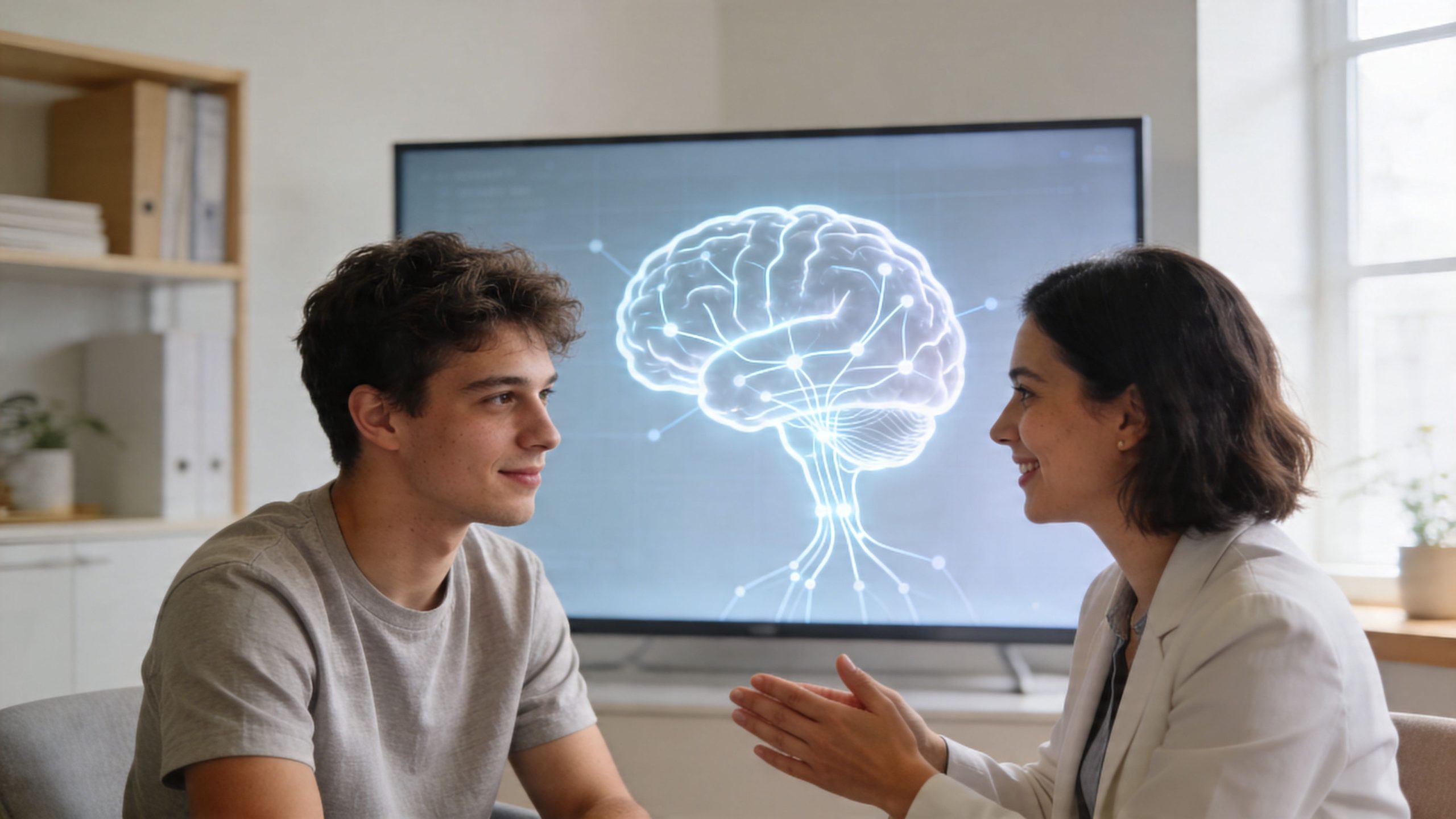 A young man and a therapist having a conversation in front of a digital brain illustration screen.