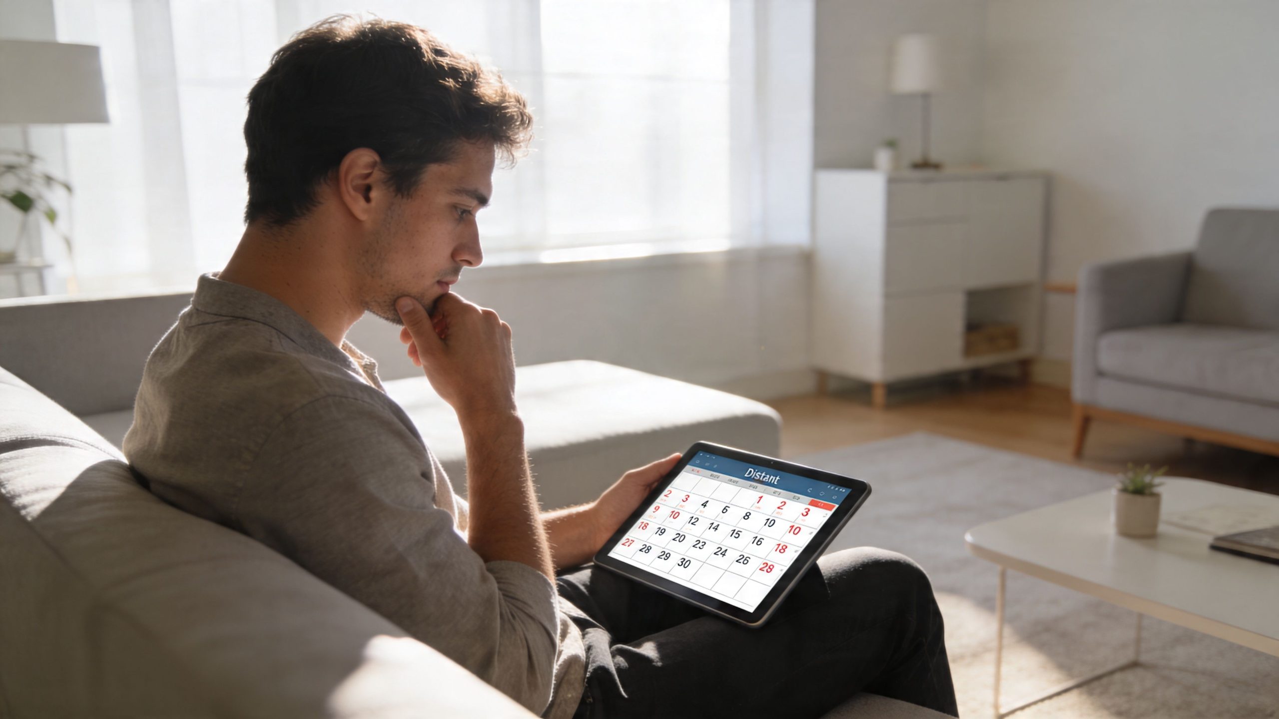 A pensive man sitting on a sofa looking at a digital calendar on his tablet device.