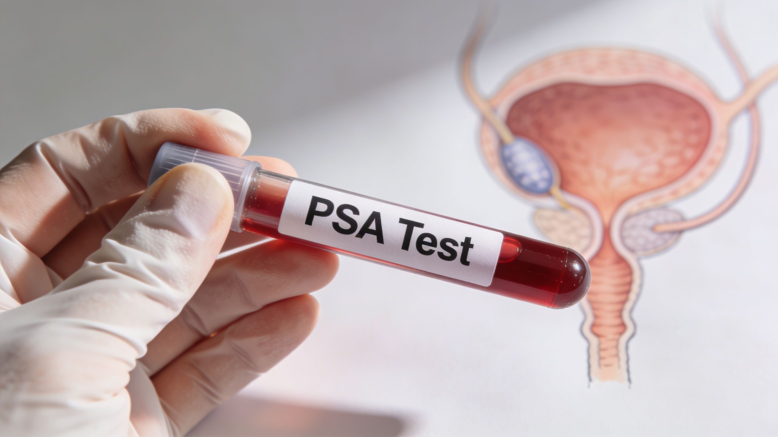 A gloved hand holding a blood sample test tube labeled PSA Test against an anatomical prostate illustration.