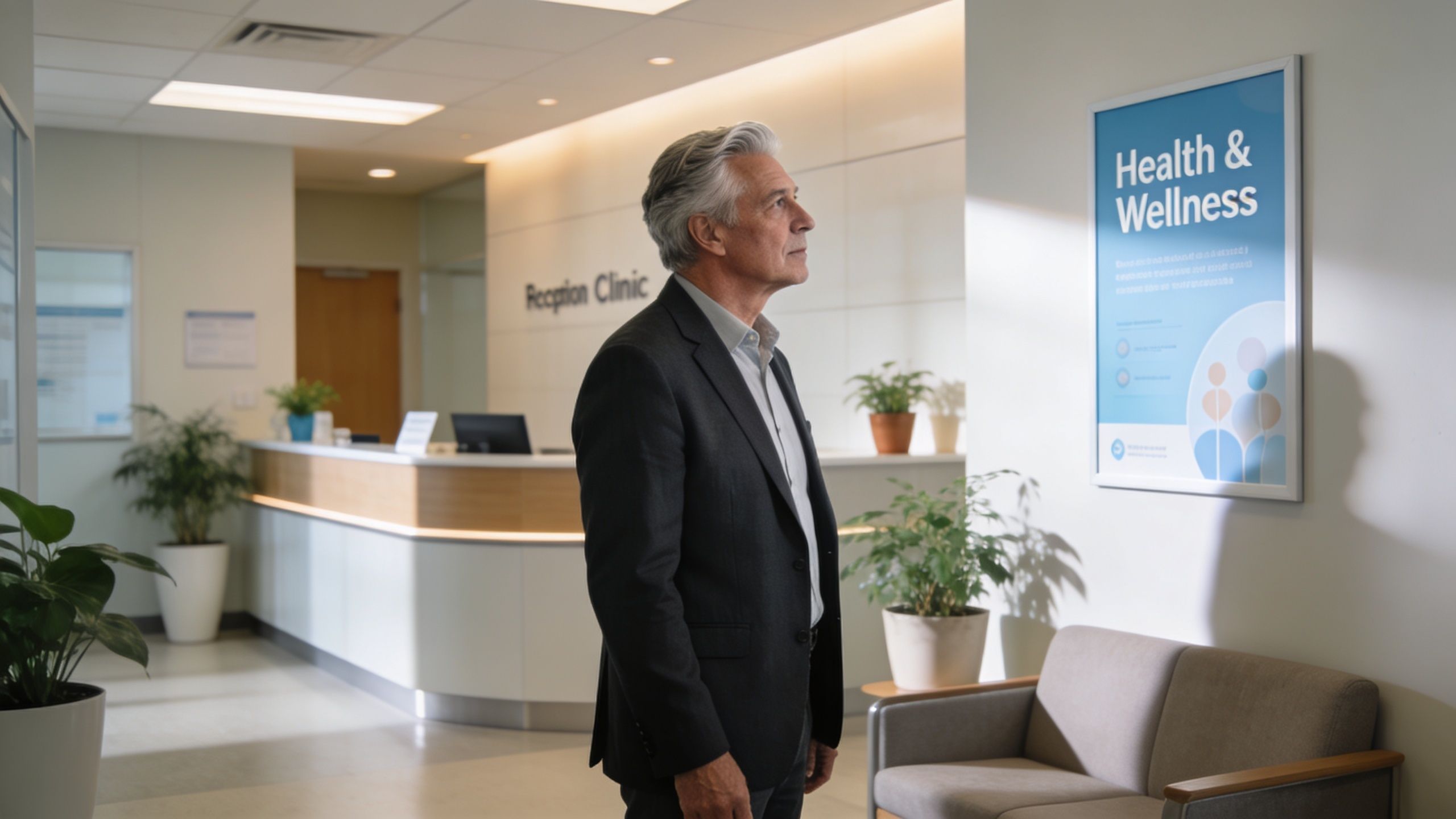 A mature man in a suit stands in a brightly lit clinic waiting area looking at a sign.