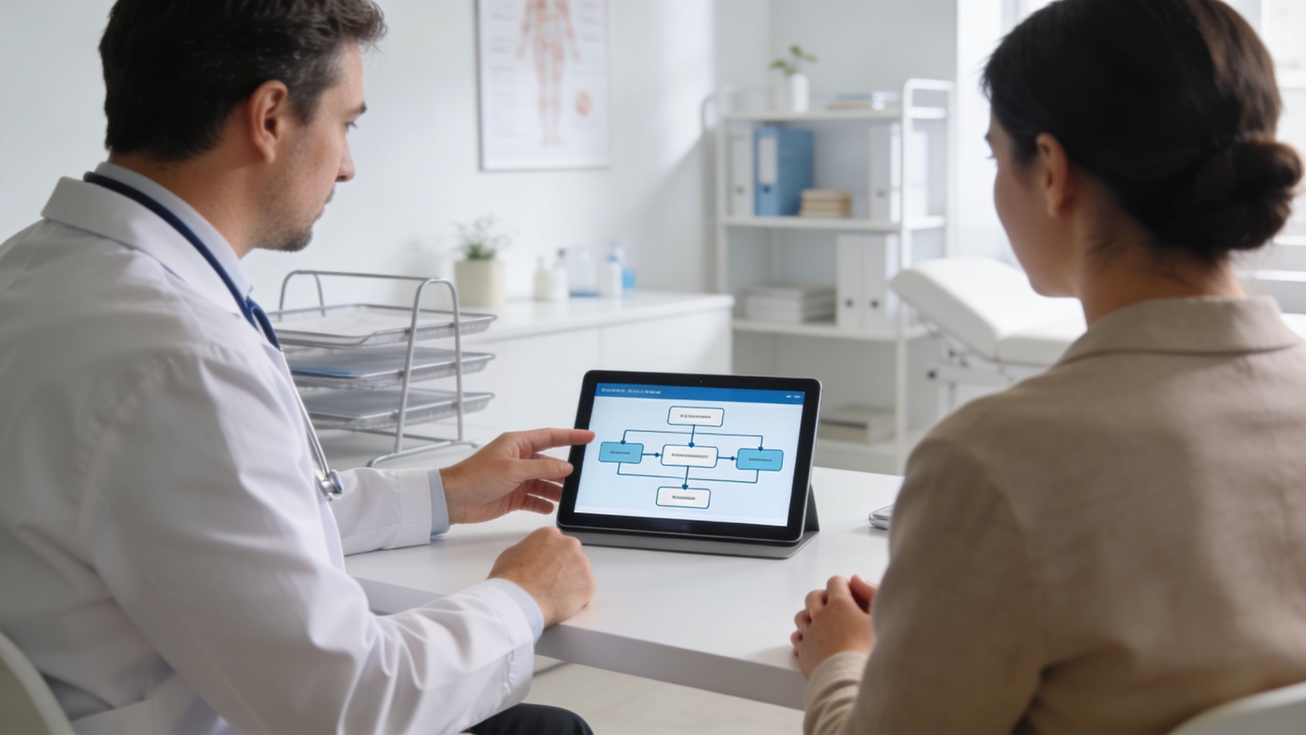 A doctor in a white coat shows a flowchart on a digital tablet to a patient.