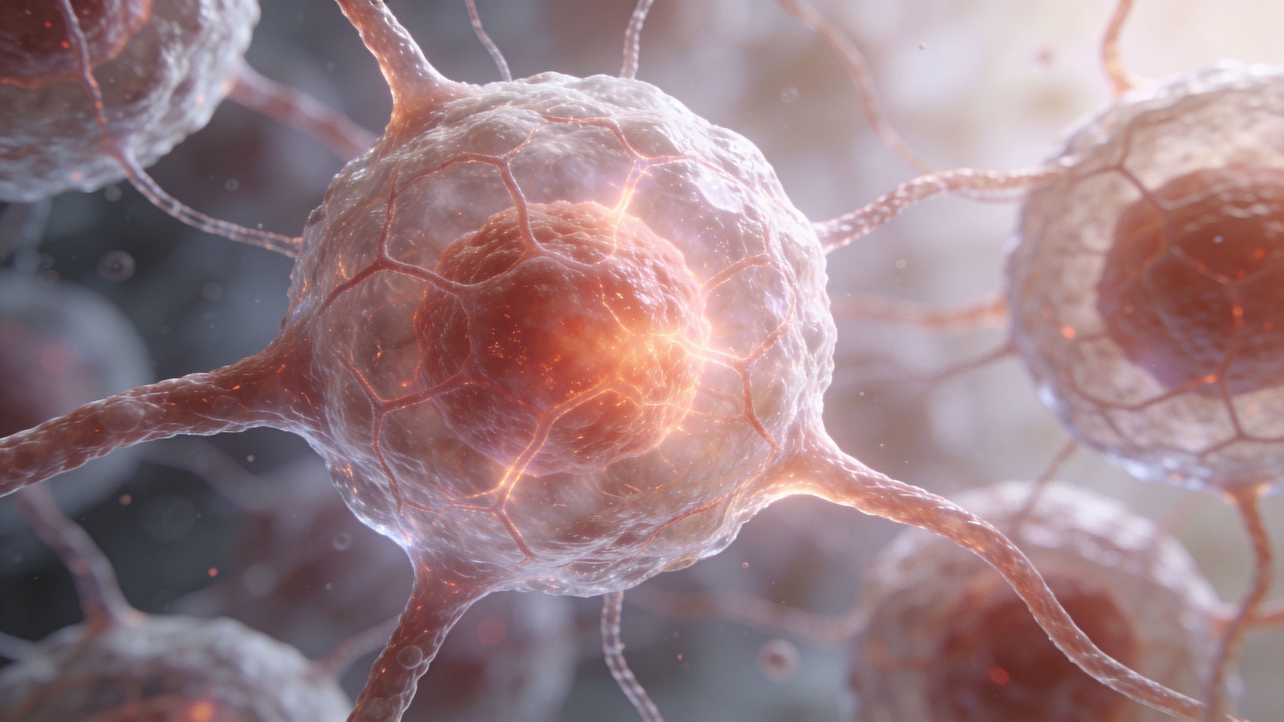 A microscopic view of glowing biological cells with interconnected structures representing complex medical or scientific concepts.