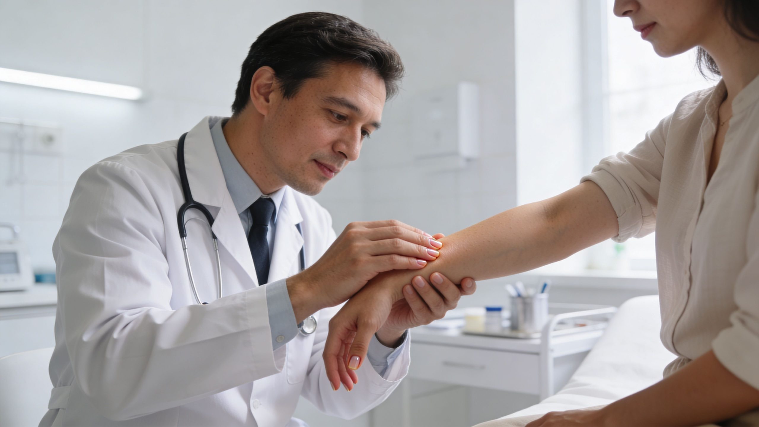 A professional doctor carefully examines a patient's arm during a medical consultation in a clinic office.