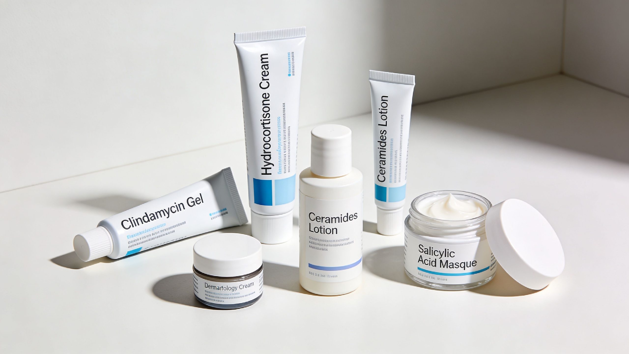A collection of various skincare creams and lotions in white packaging displayed on a clean white surface.