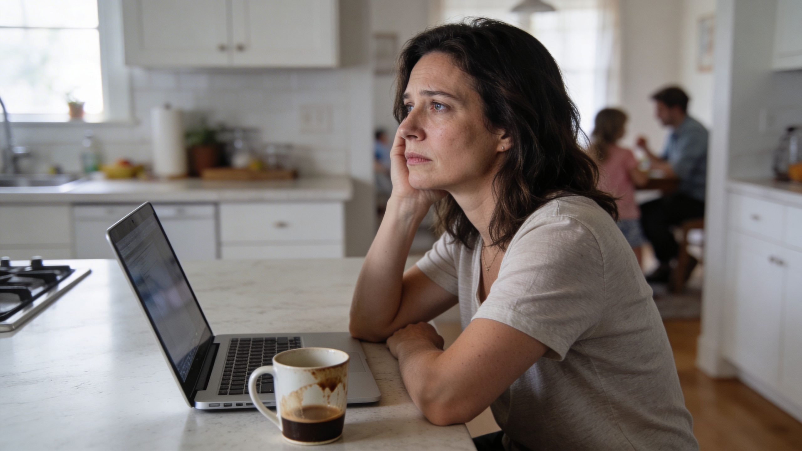 A middle-aged woman sitting at a kitchen island looking overwhelmed and exhausted while working on a laptop.