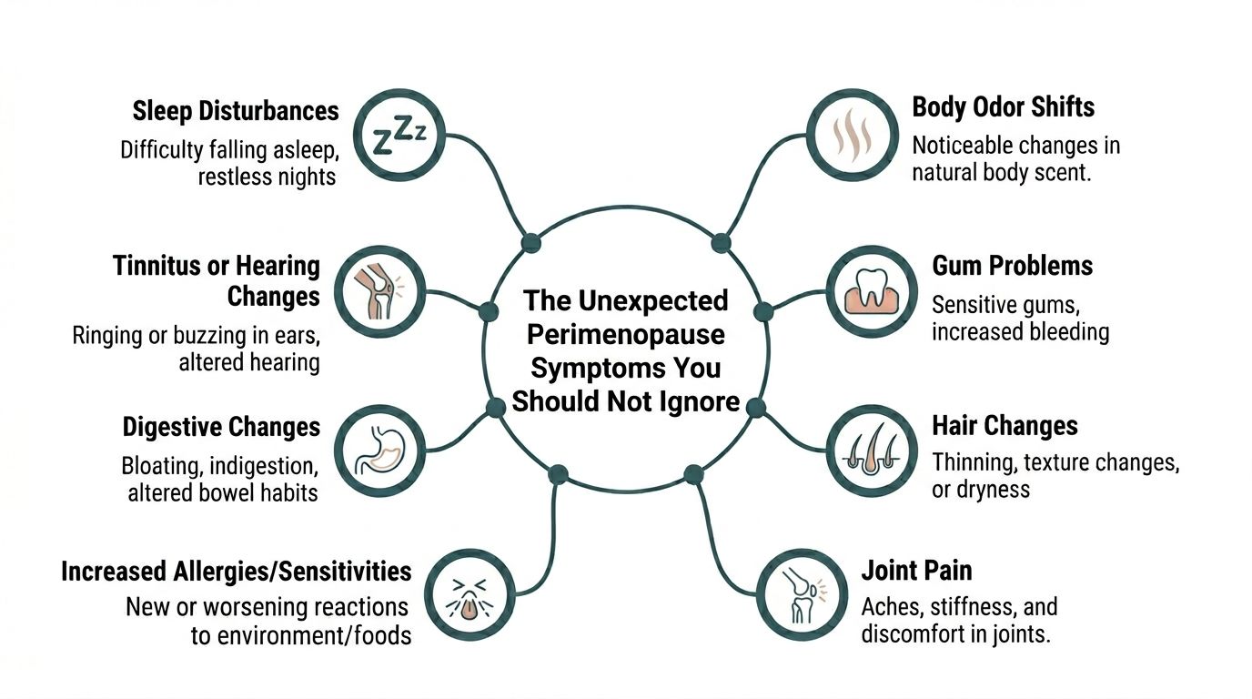 A diagram outlining eight unexpected perimenopause symptoms including sleep, hearing, digestive, hair, and joint changes.