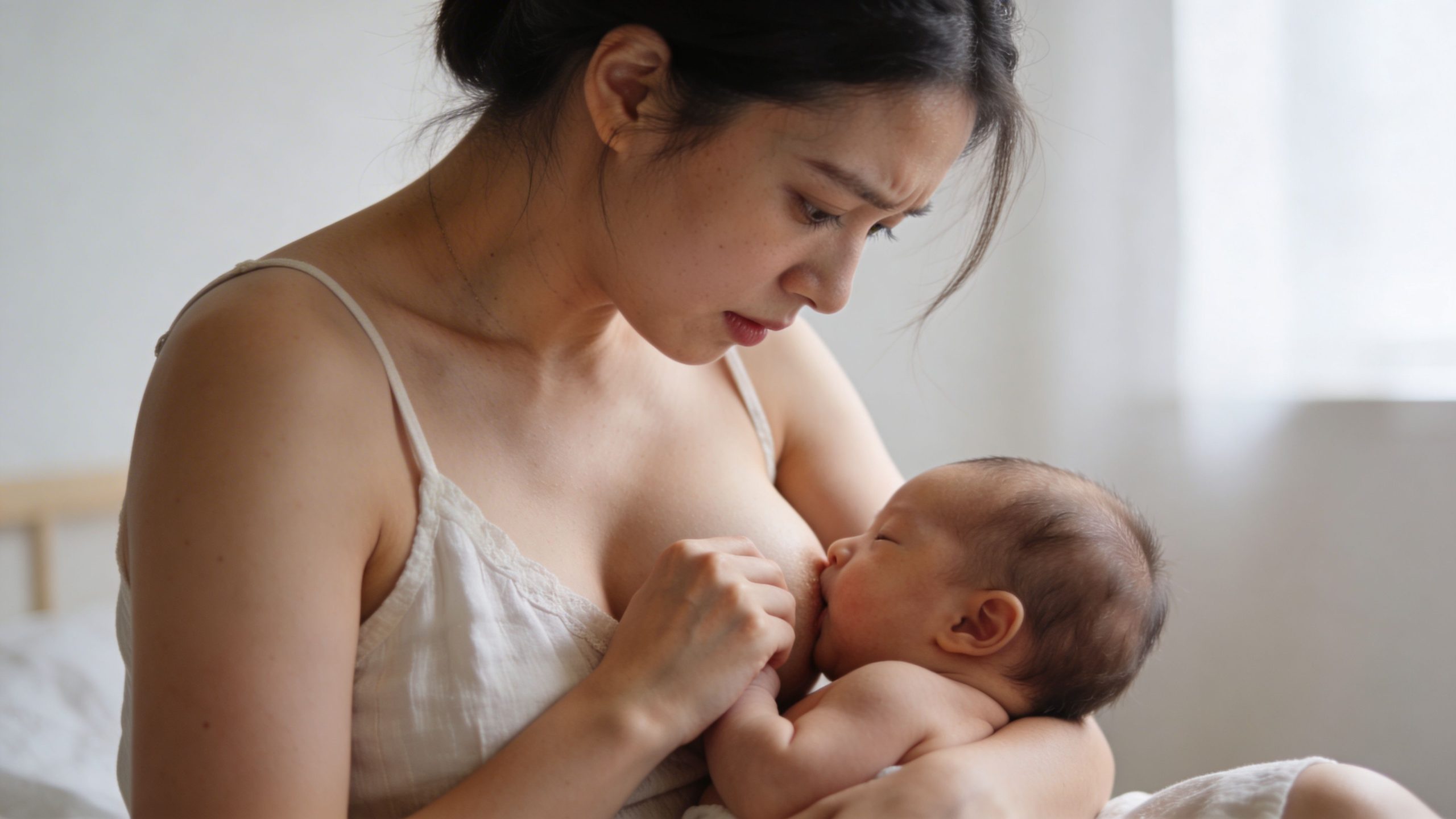 A caring mother breastfeeding her newborn baby while looking down at the infant with love and tenderness.