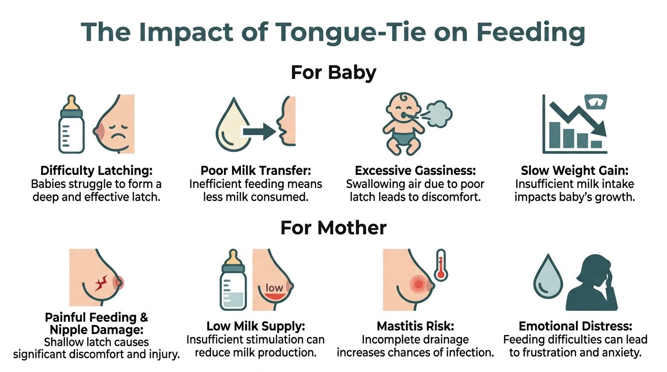An infographic showing the negative impacts of tongue-tie on feeding for both the baby and the mother.