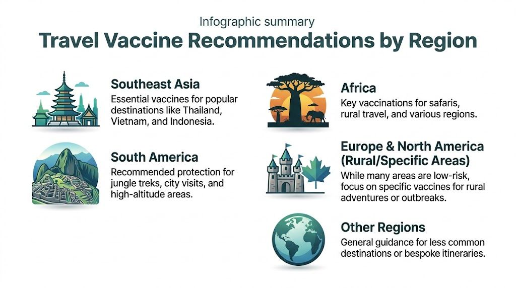 An infographic showing travel vaccine recommendations across various global regions including Southeast Asia, Africa, and South America.