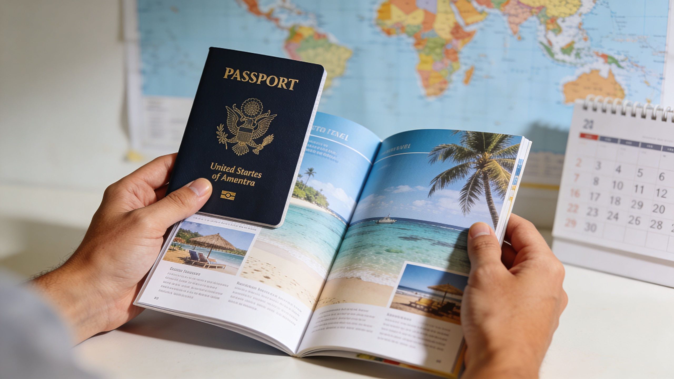 A person holding a travel brochure featuring a beach and a fake passport over a world map.