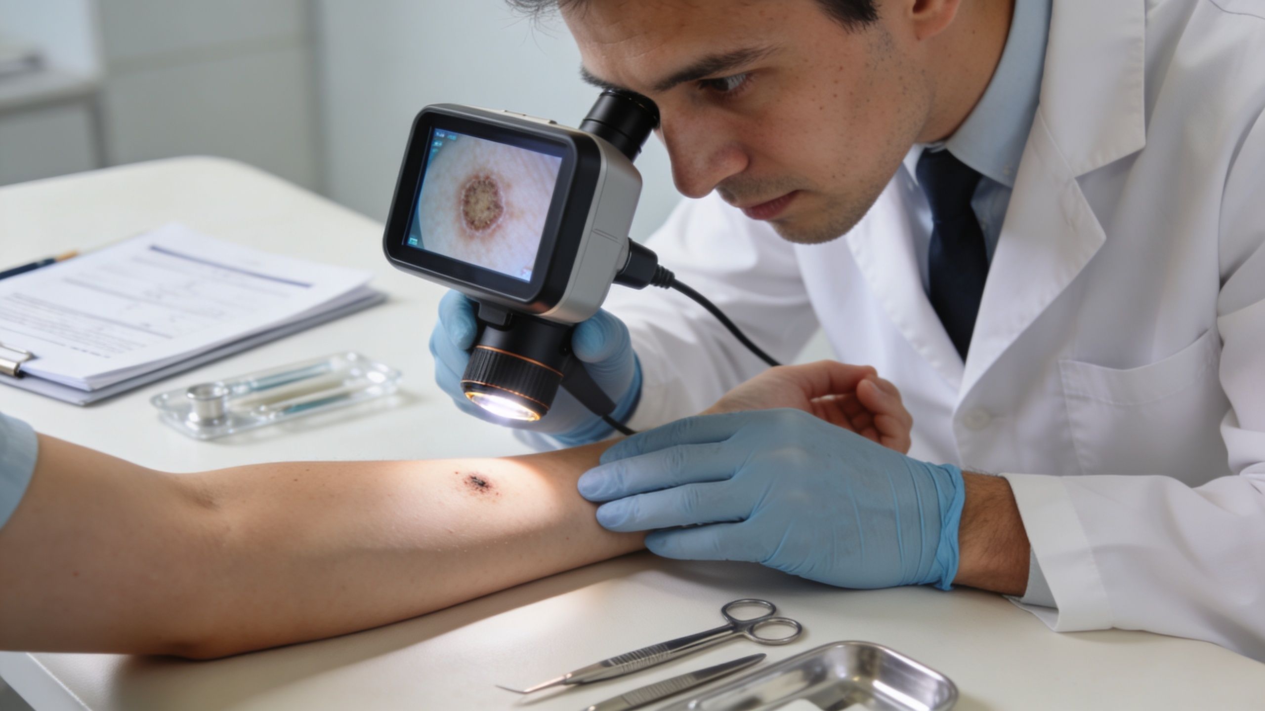 A dermatologist examines a skin lesion on a patient's arm using a digital dermatoscope in a clinic.