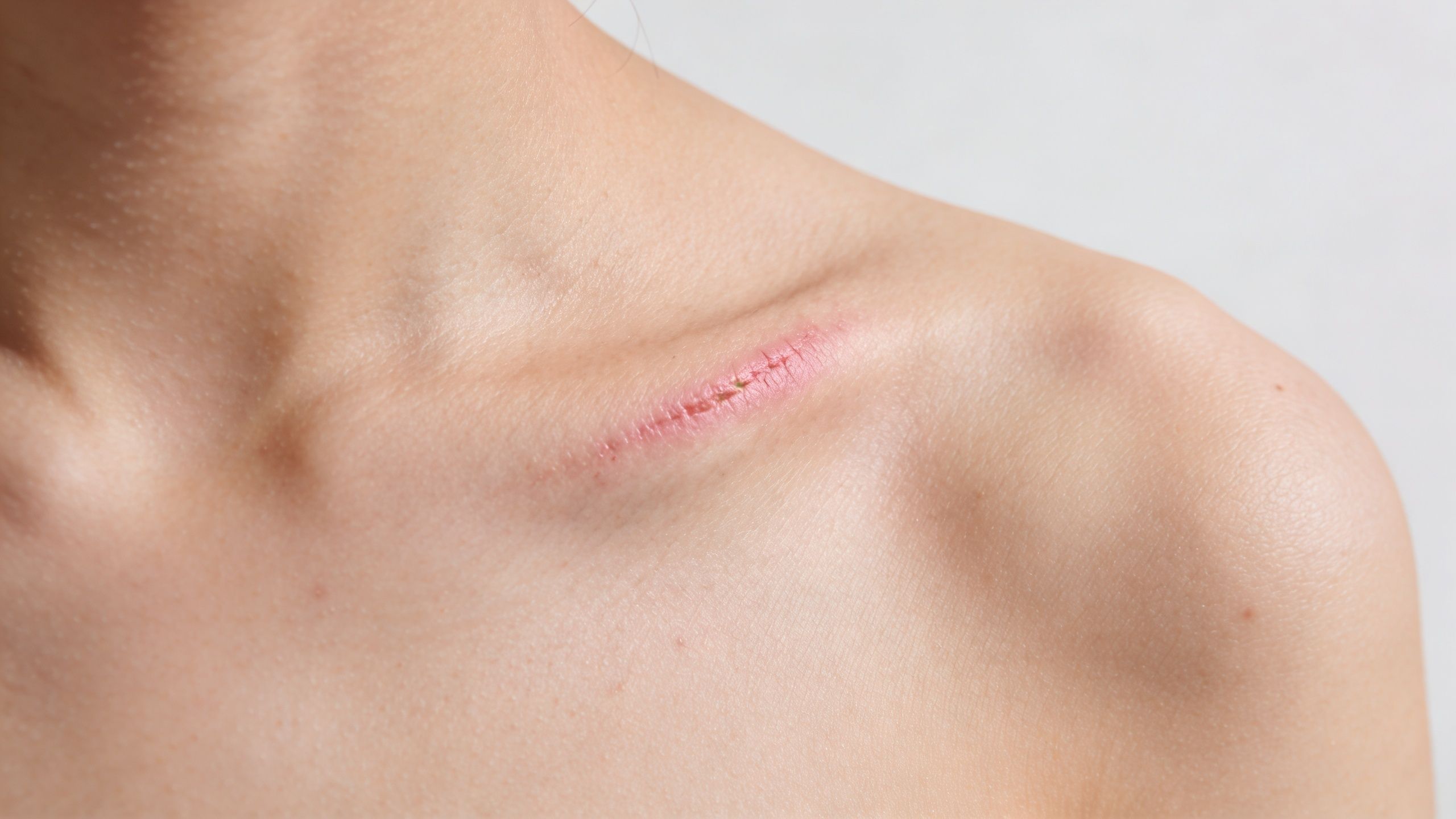 A close-up view of a pink surgical scar on a person's collarbone following a mole removal procedure.