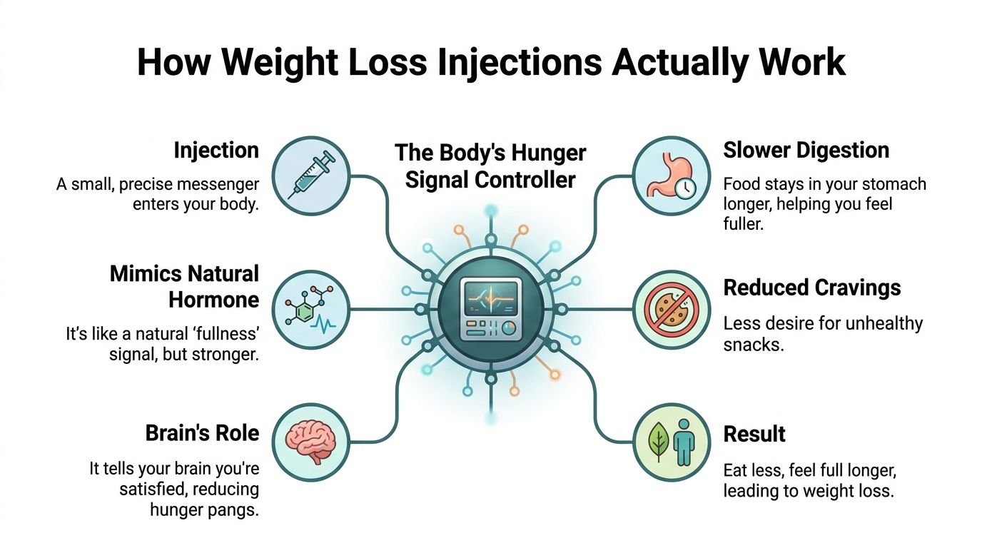 A diagram explaining how weight loss injections work by controlling hunger signals and digestion in the body.