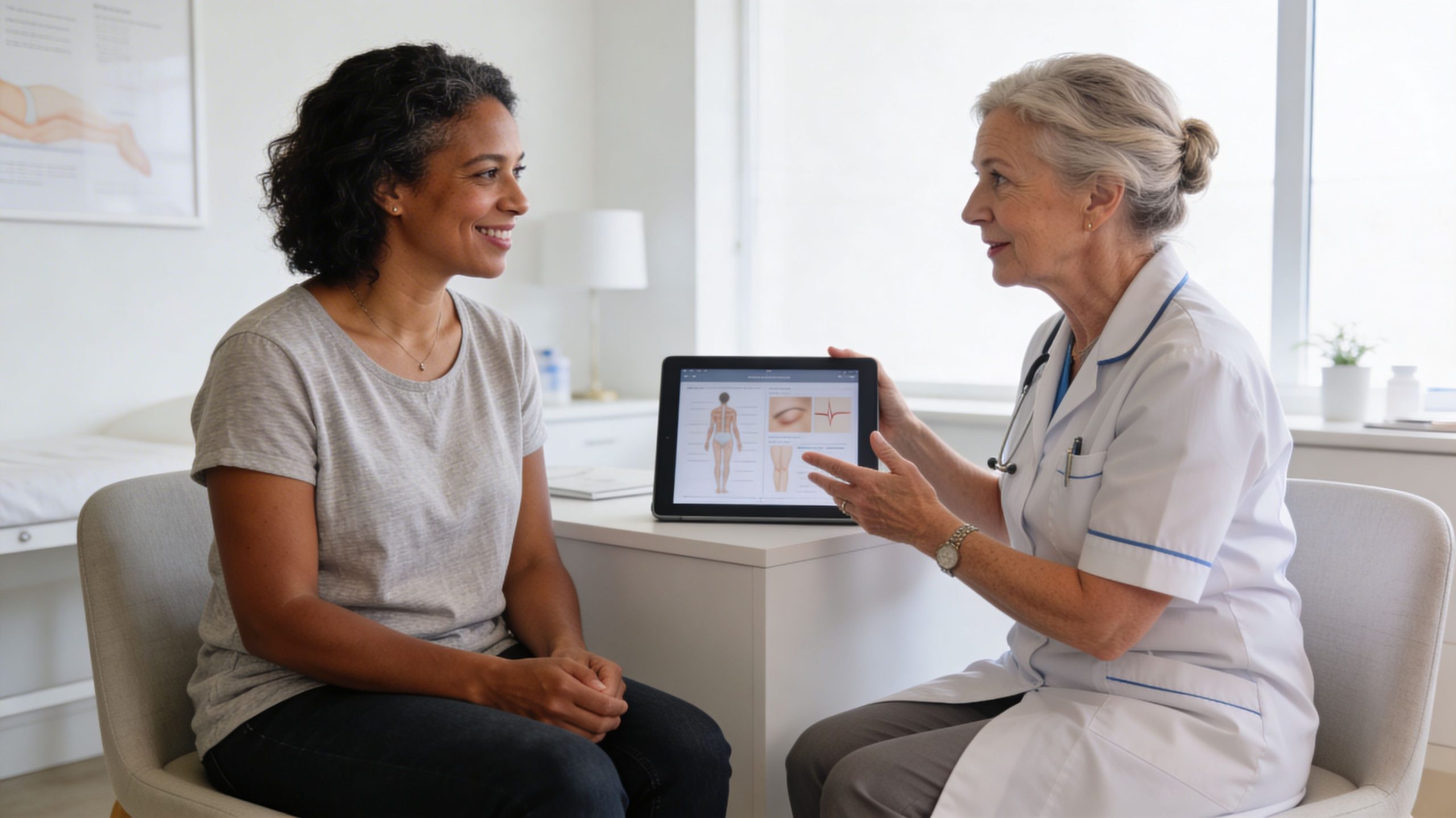 A female doctor in a white coat discusses medical information on a tablet with her patient.