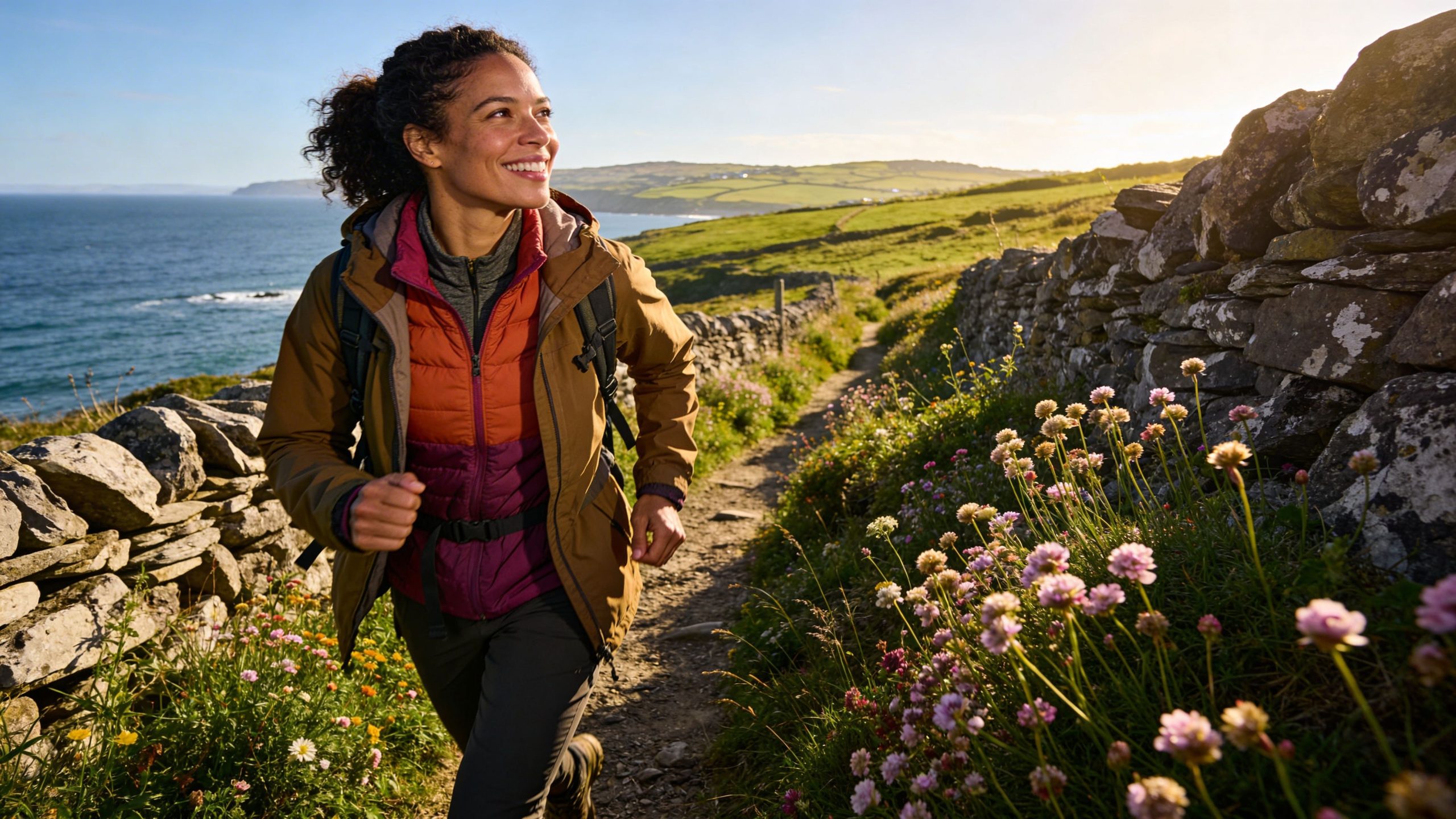 A happy woman trail running along a scenic coastal path with wildflowers and a stone wall.