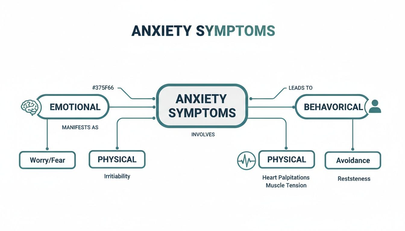 A comprehensive diagram illustrating emotional, physical, and behavioral anxiety symptoms and their manifestations.