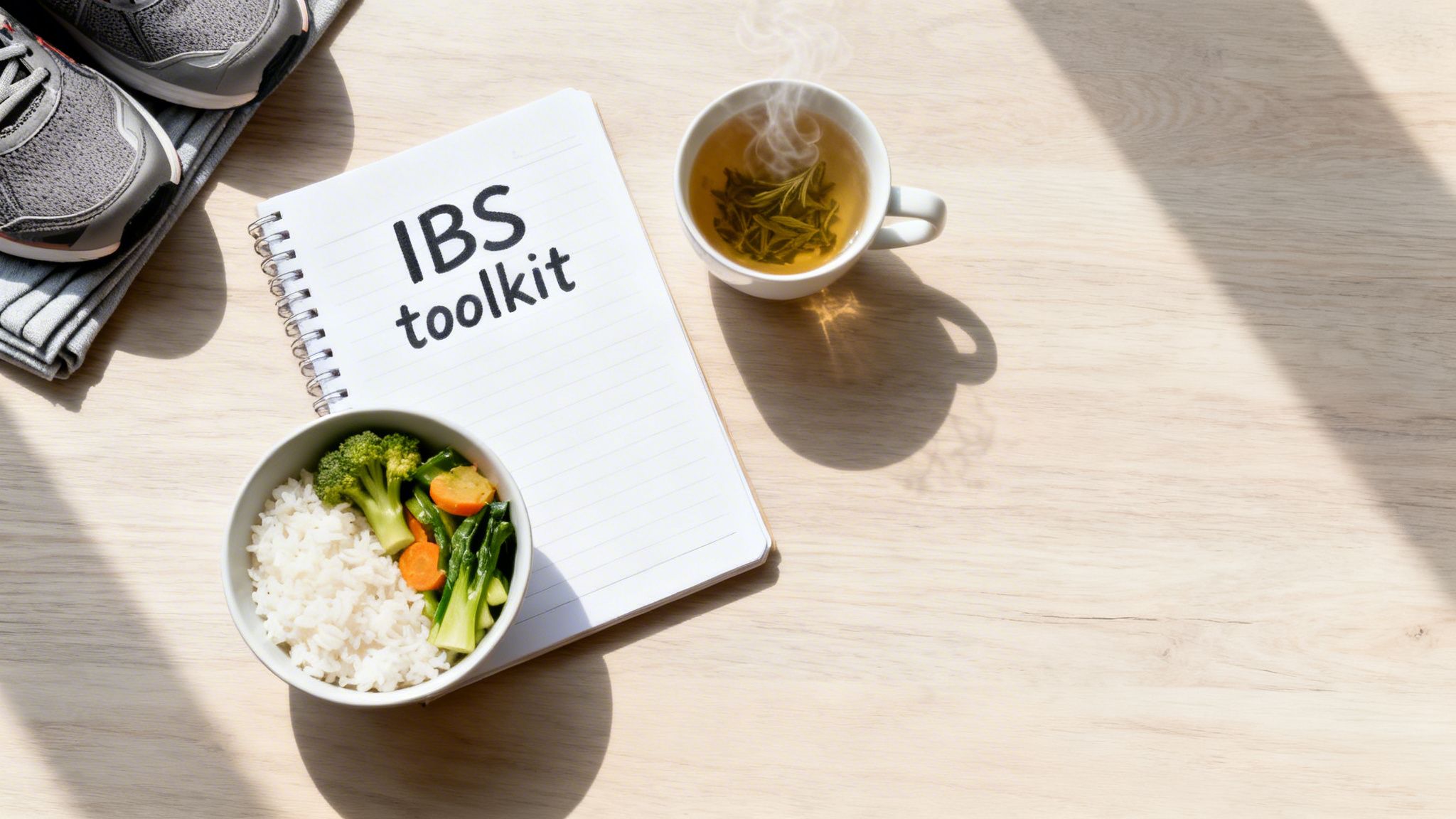 Flat lay of IBS toolkit notebook, healthy meal, herbal tea, and running shoes on a wooden table.