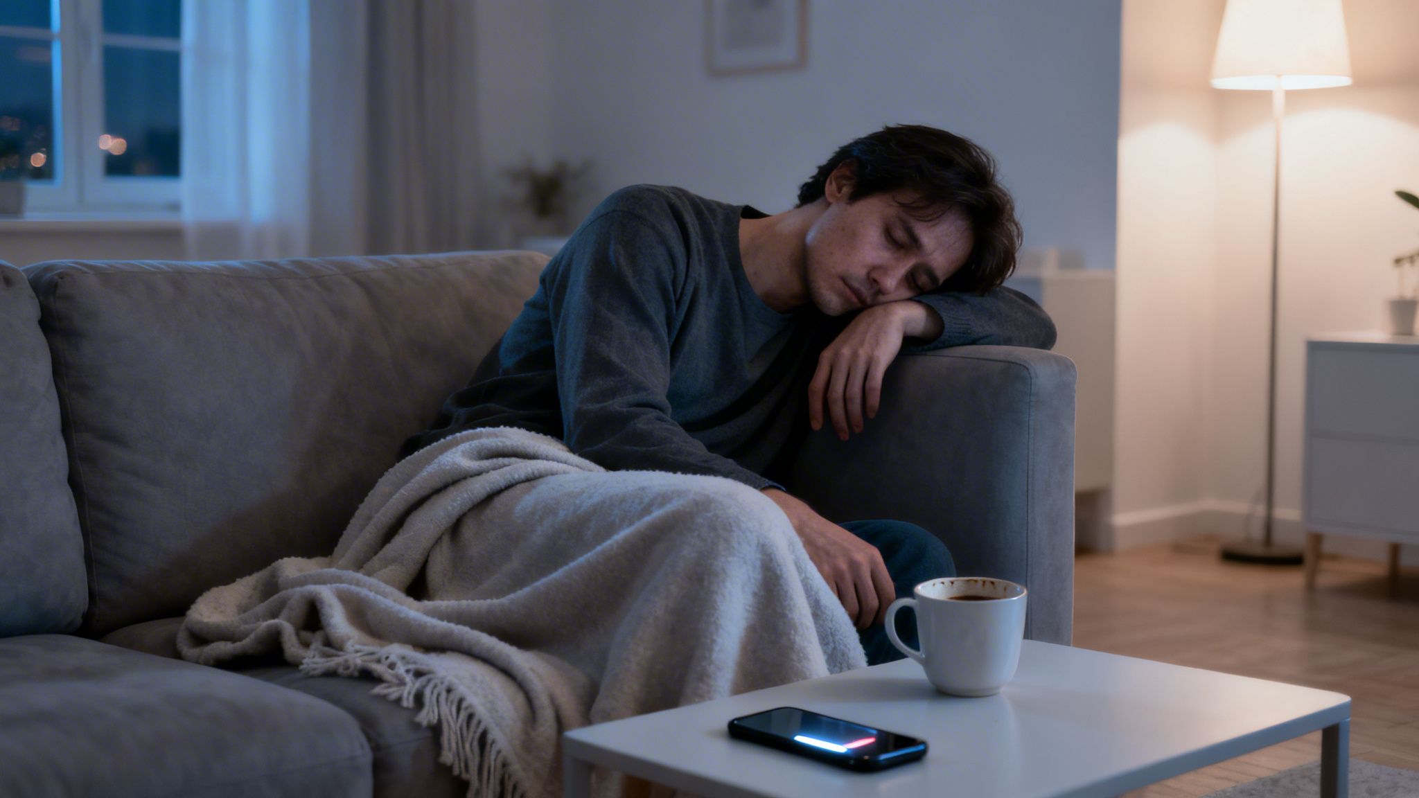 A man sleeps soundly on a grey sofa, covered by a blanket, in a dim room.