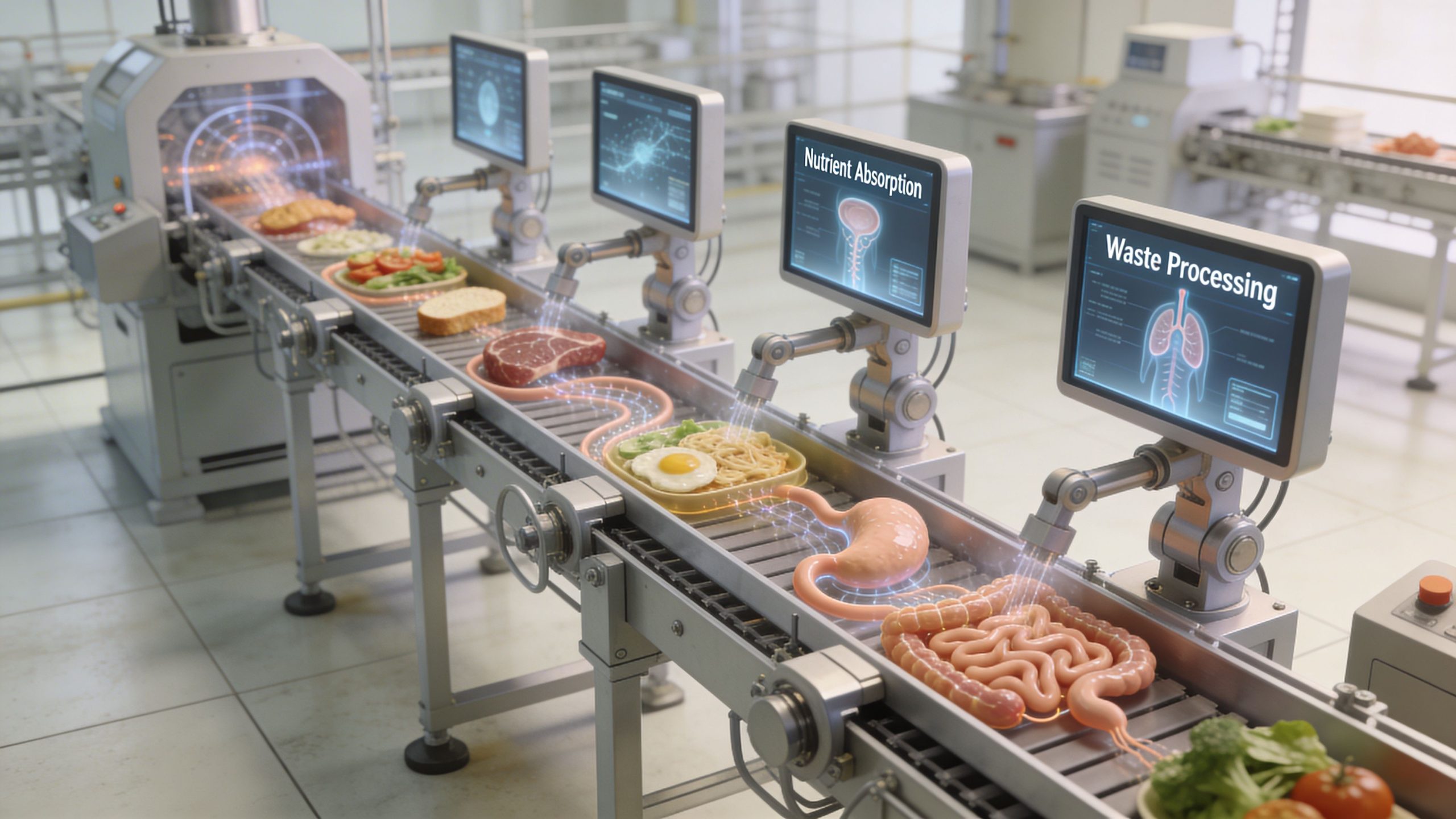 A conceptual industrial factory line illustrating the human digestive process as food moves through automated processing stations.