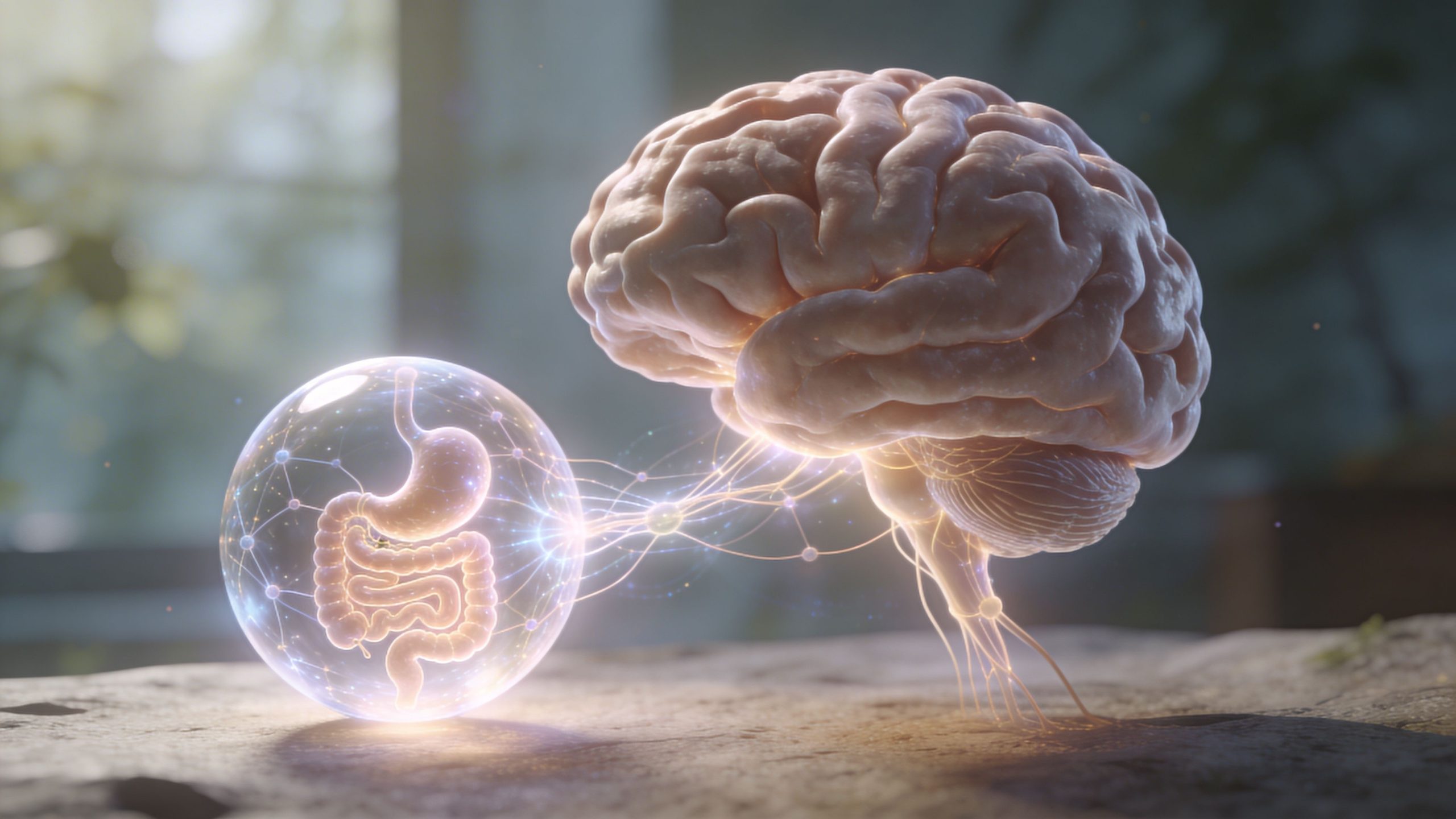 A conceptual illustration showing the brain connected to a glowing stomach representing the gut-brain axis connection.