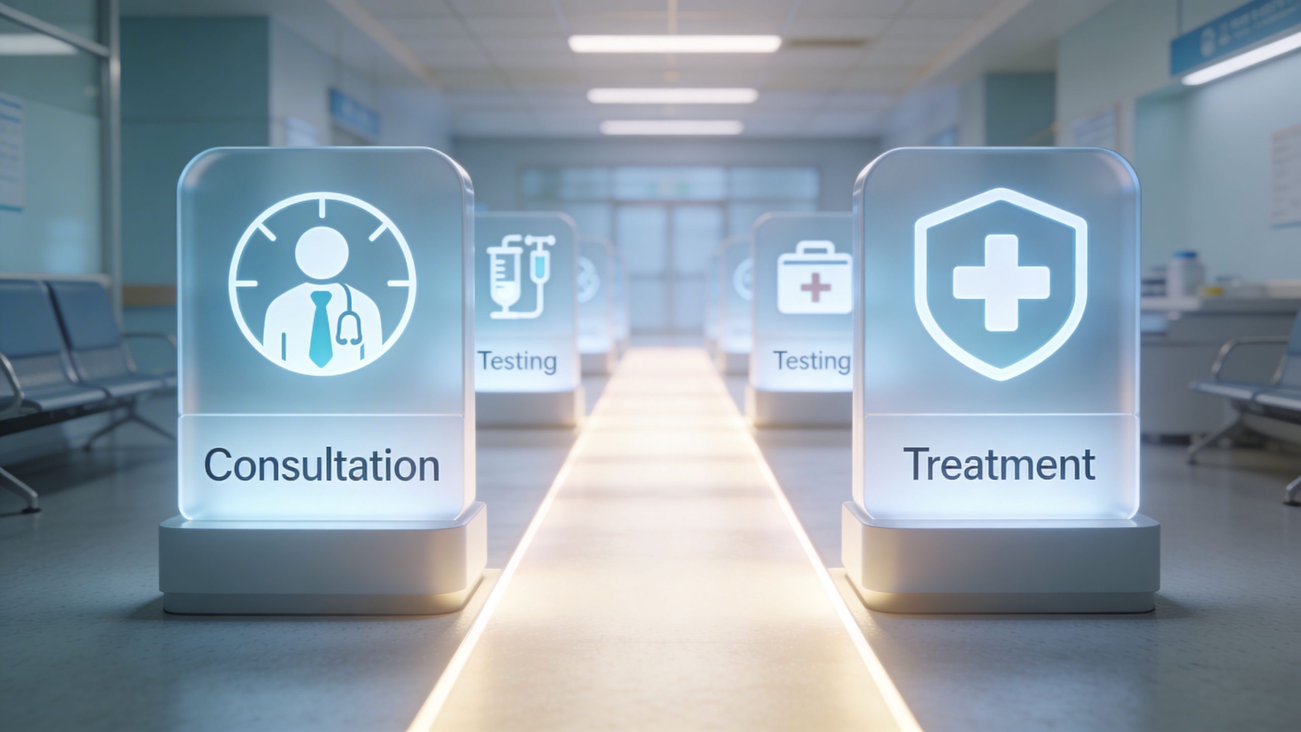 A digital hallway with glowing medical signs representing consultation, testing, and treatment in a hospital setting.