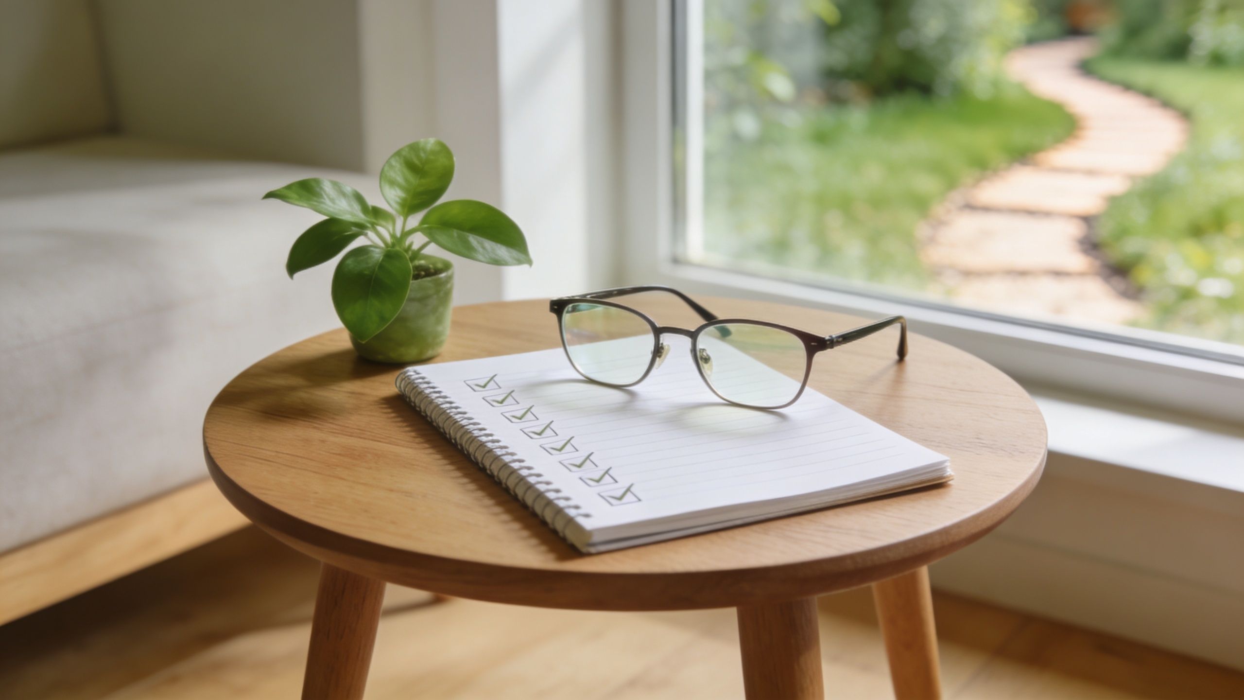 A checklist in a notebook rests on a small wooden table next to eyeglasses and a plant.