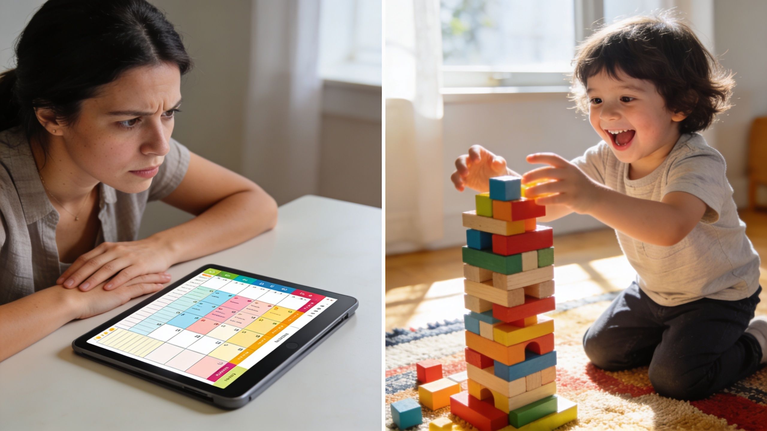 A split image showing a woman focusing on a digital schedule alongside a happy child playing with blocks.
