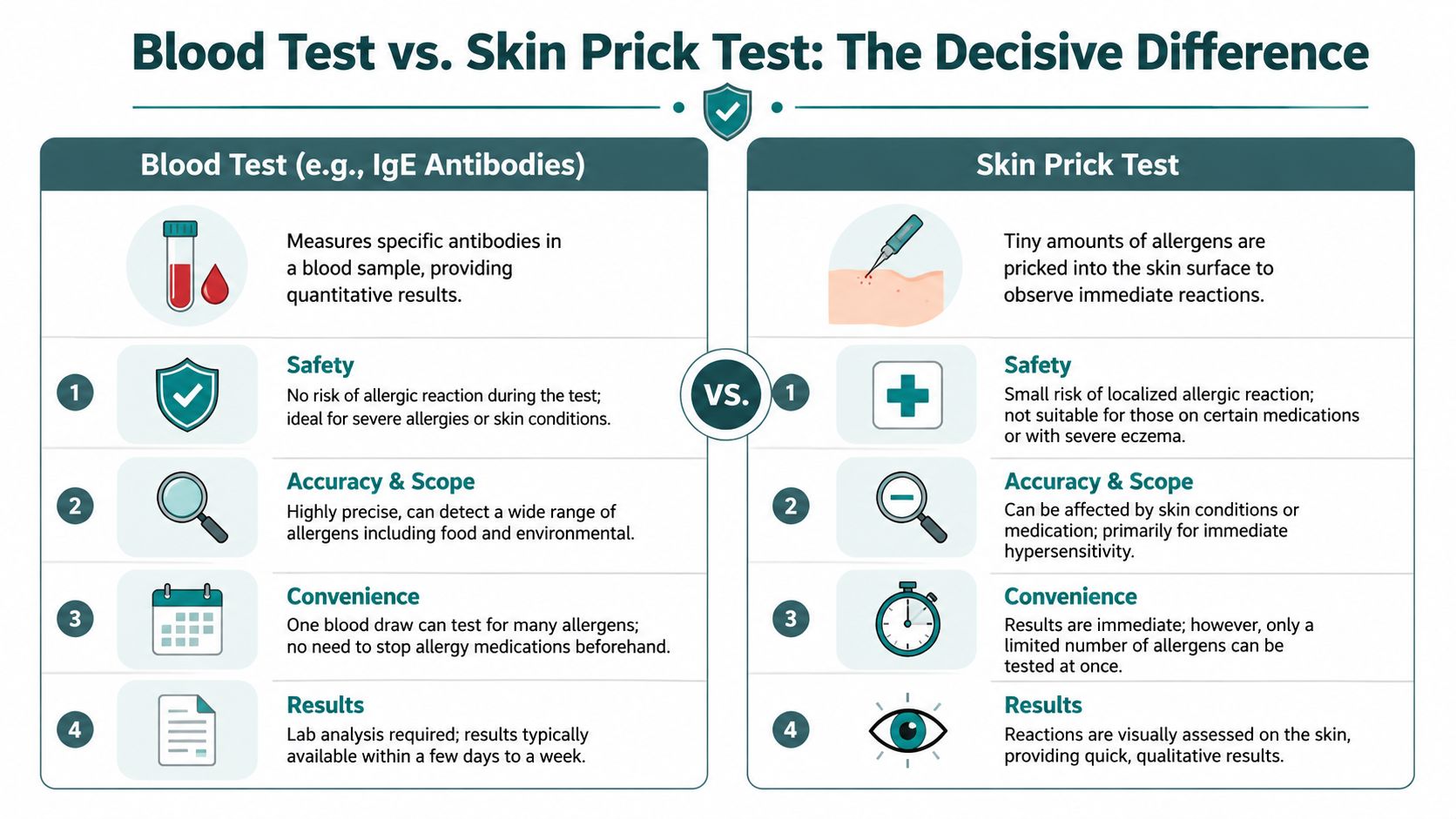 A comparison chart showing the differences between blood tests and skin prick tests for allergy diagnosis.