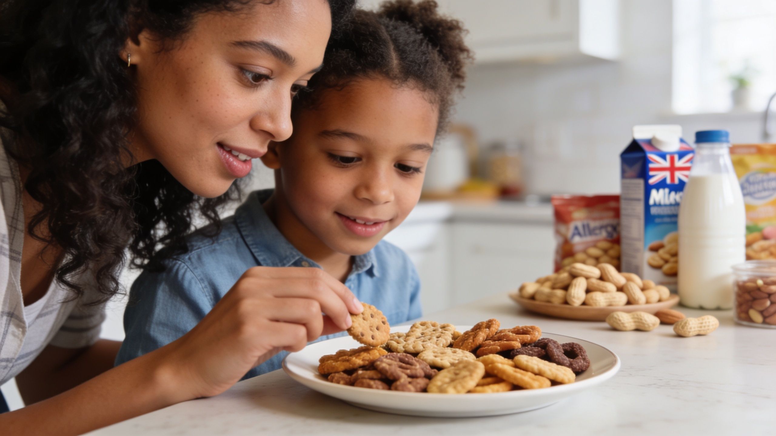 A mother and her daughter looking closely at a plate of various snacks in their kitchen.