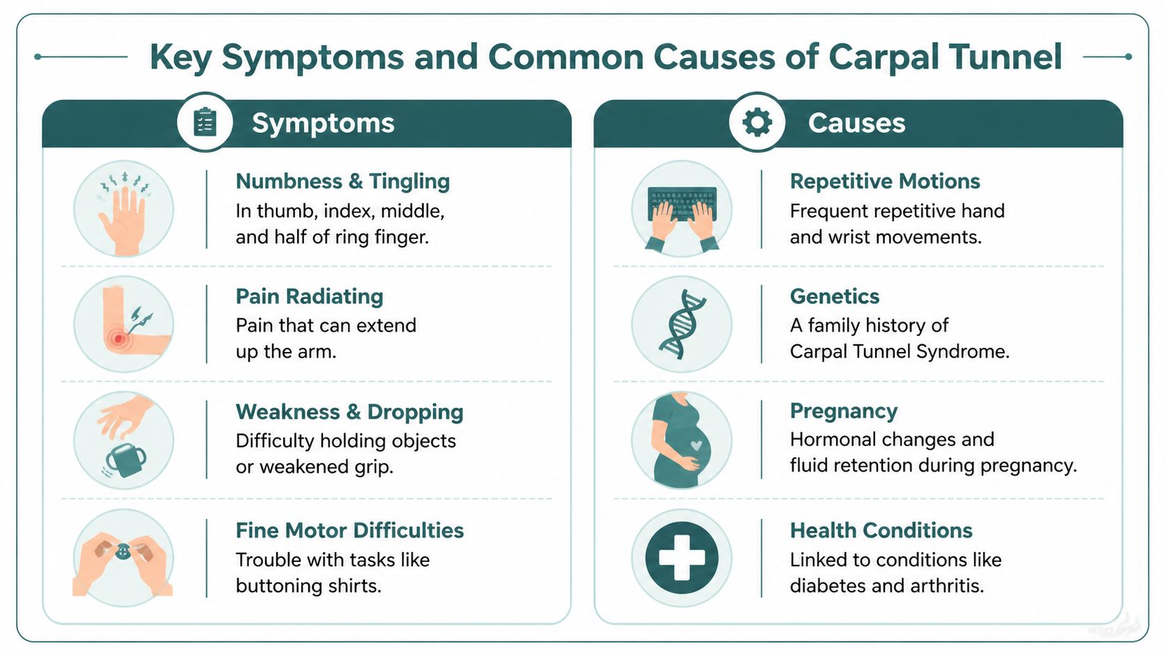 An infographic showing key symptoms and common causes of carpal tunnel syndrome, including hand images and icons.