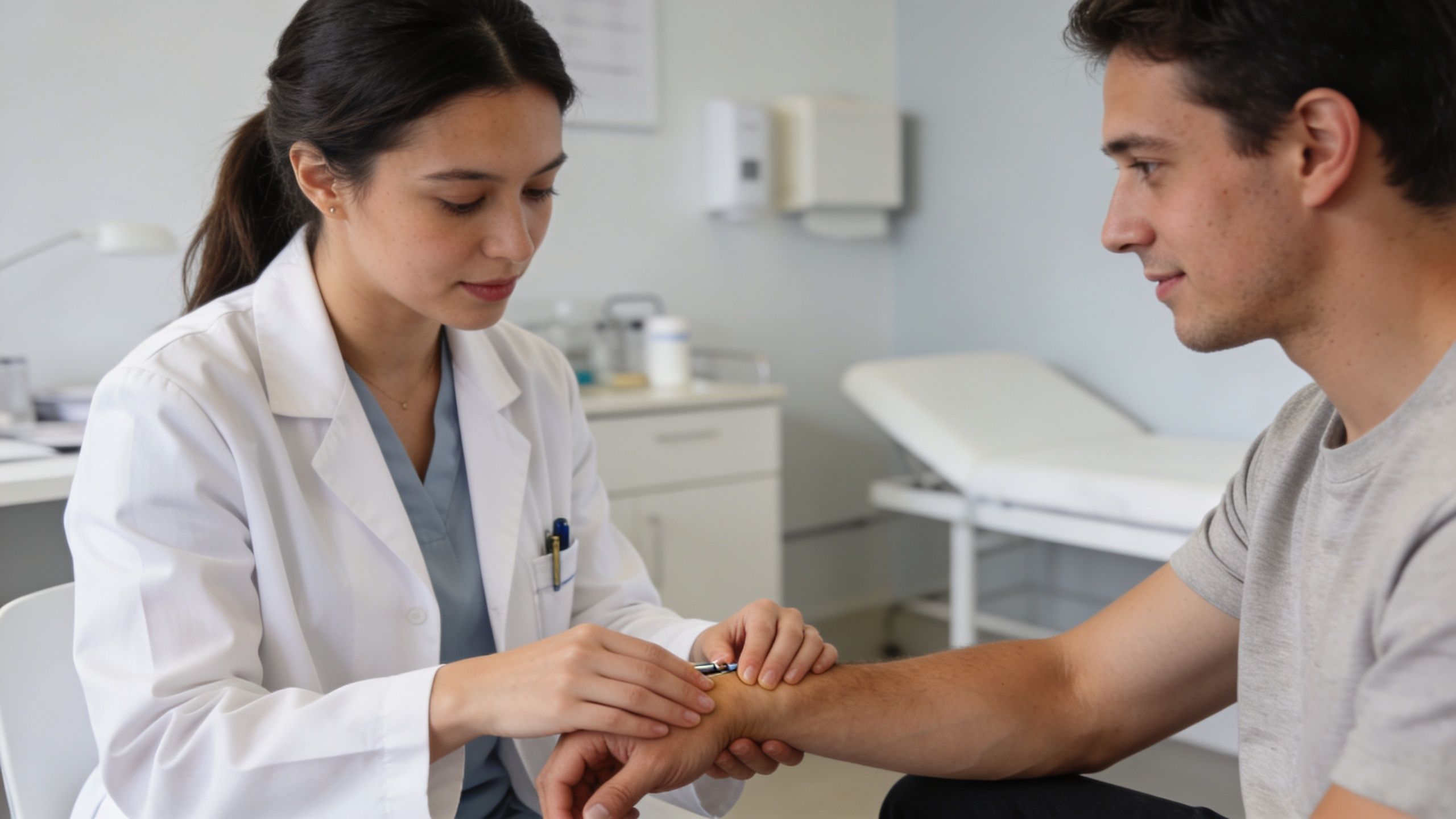 A female doctor checking a male patient's wrist during a medical consultation in a clinic office.