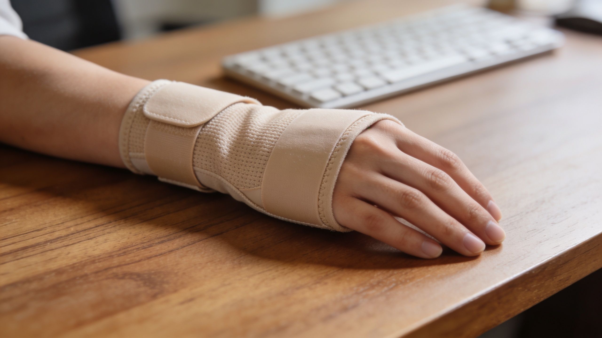 A close-up view of a person wearing a beige wrist brace while sitting at a wooden desk.